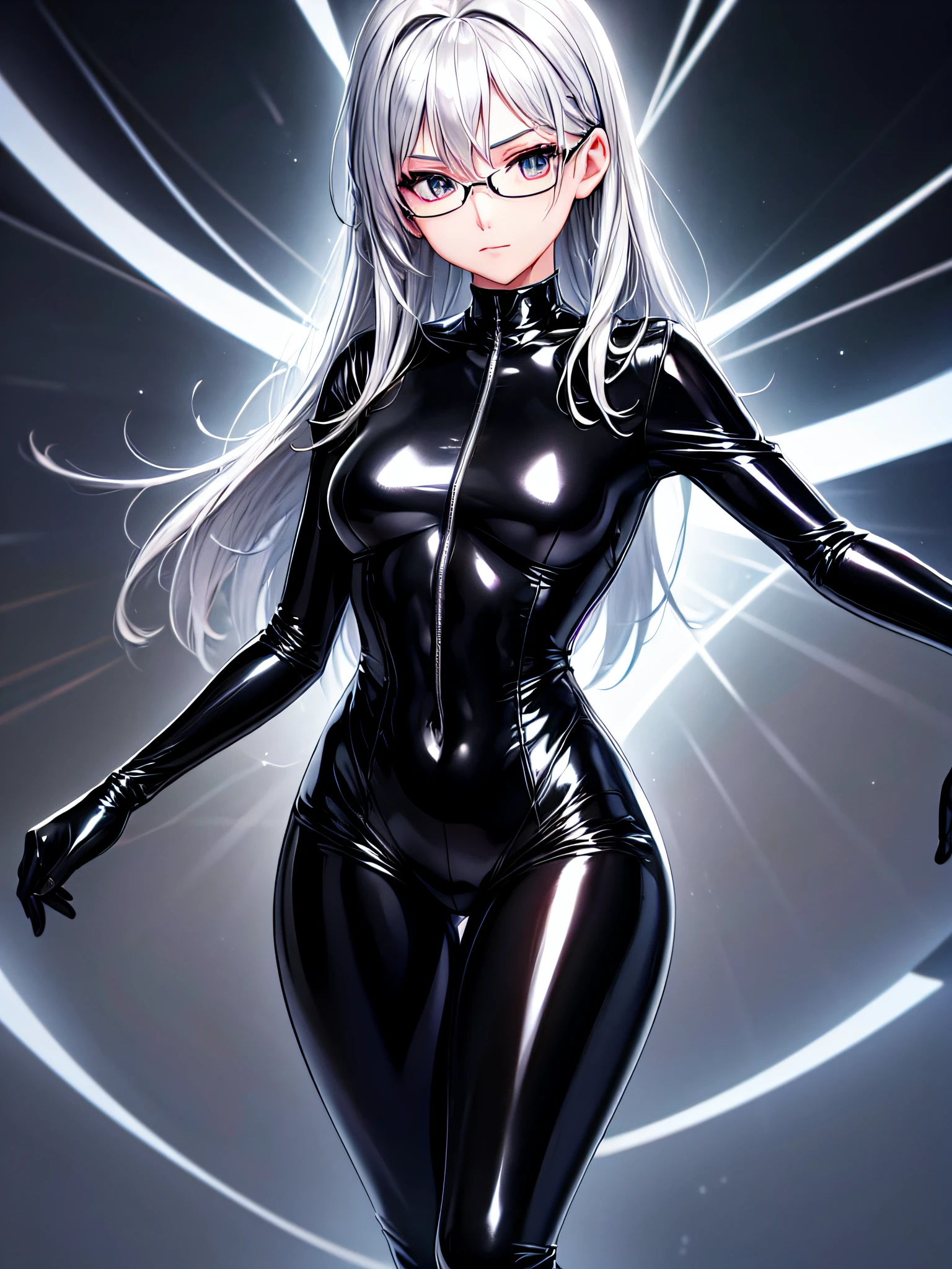 5 8K UHD、Silver-haired and small-nosed beauty in a shiny black rider suit with black shiny fingertips hiding skin up to the tips of black shiny fingertips wearing glasses is looking down with legs wide open、Late night city、Wearing a shiny black latex slider suit with hidden skin、Shiny black latex slider suit、Beautiful-nosed woman with one leg raised with expressionless eyes、Beauty with small nose with open legs