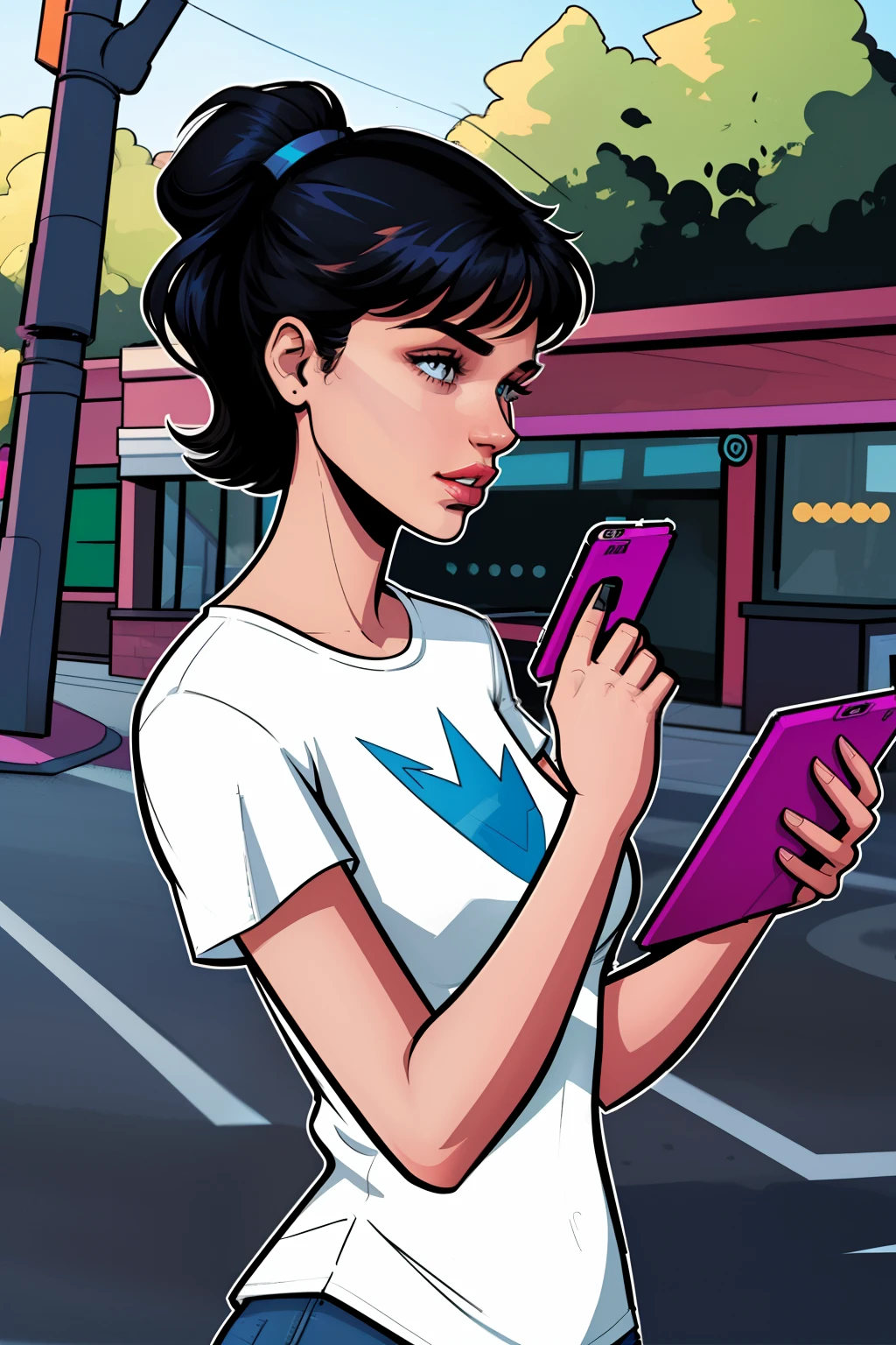 woman looking at her phone, wearing a shirt, outside, daytime, comic book style, flat shaded, prominent comic book outline linework