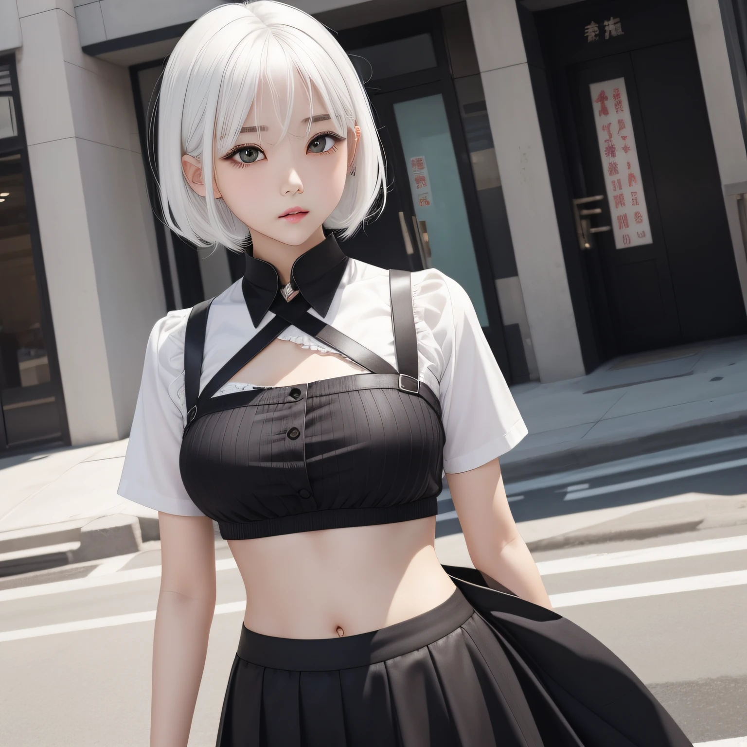 1人、white hair、dark brown eyes、radiant eyes、cropped top、skirt by the、Parted lips、