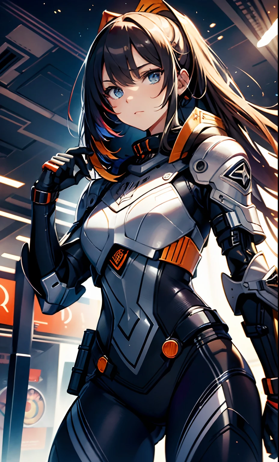 White solid color background、looking at the camera、masterpiece、Highest quality、Shiny body、Upper Body、Moderate bust、Big Ass、Android、Body line emphasis、Luminous suit、Black Hair、Braid