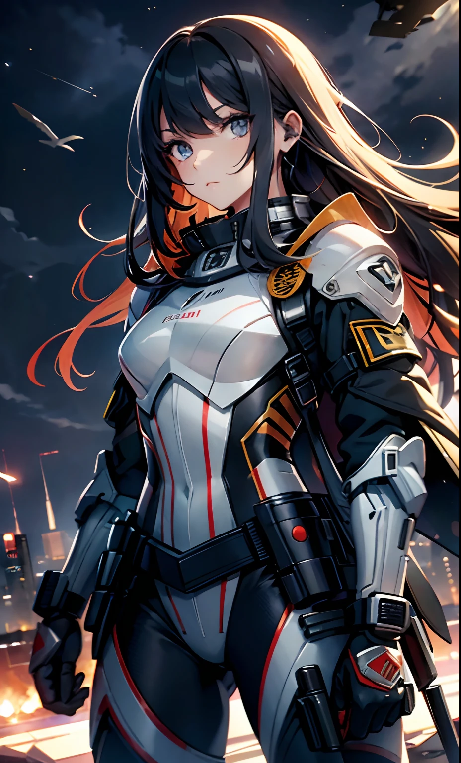 best qualityer，tmasterpiece，Ultimate resolution，downy，Extremely colorful，Colorful，Women combatants，a matural male，holding gun，Tight combat suit，tightsuit，cosmic background，the night，Normal posture，Normal posture