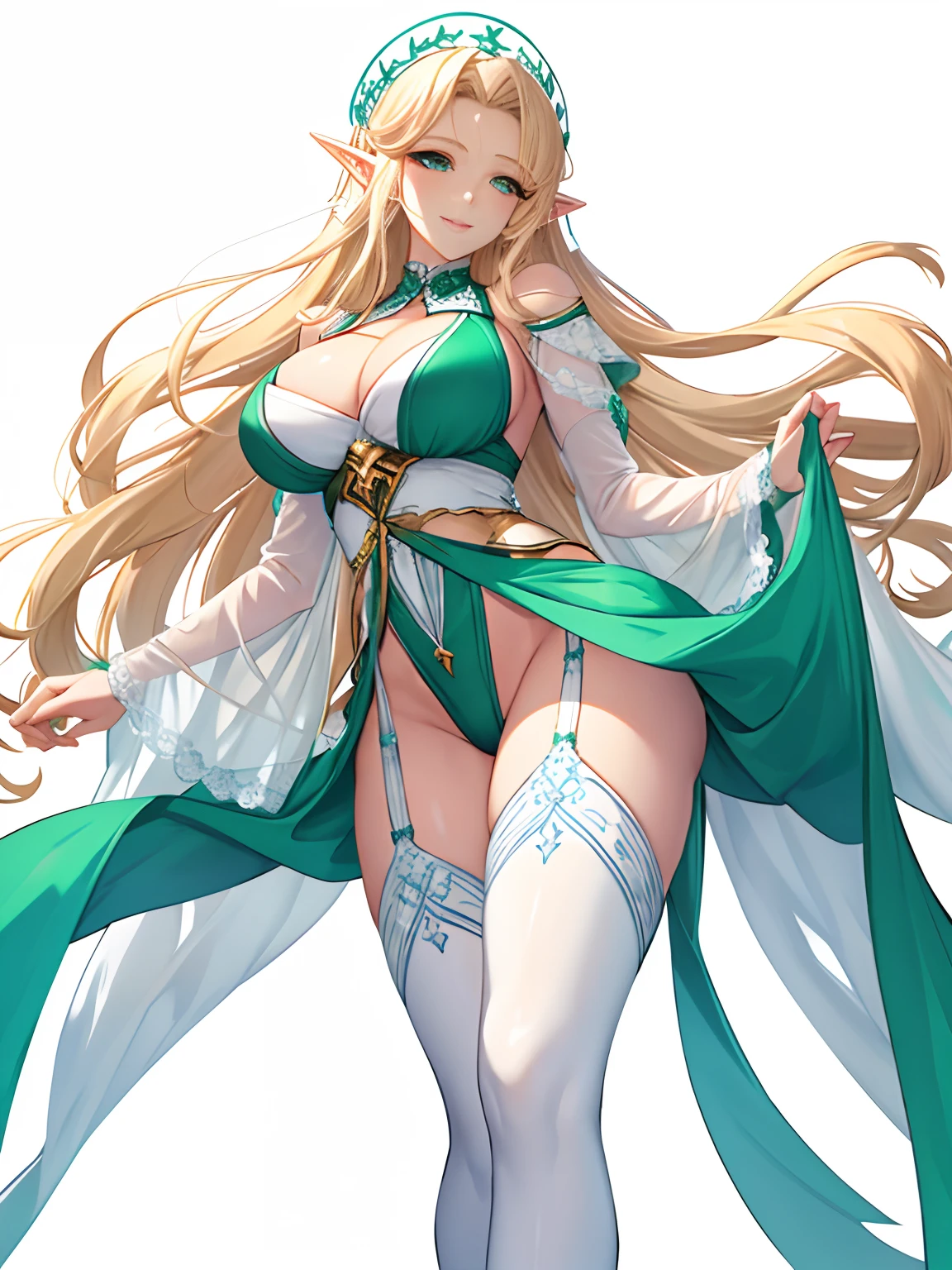 The upper part of the body,transparent gauze,Glows white skin,Light smile,Raised sexy,chest circumference,big breasts exposed cleavage,from below,ass up wait,blond hairbl,Green eyes,pantyless,white stockings,the elf