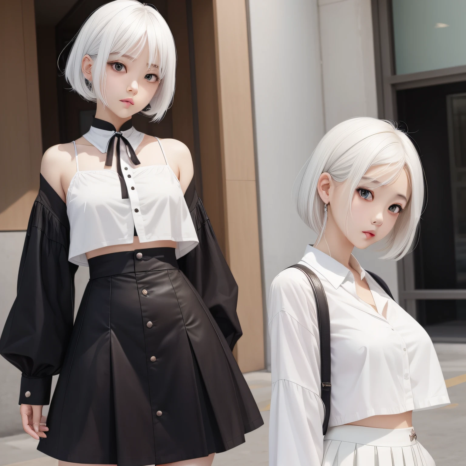 1人、white hair、dark brown eyes、radiant eyes、cropped top、skirt by the、Parted lips、