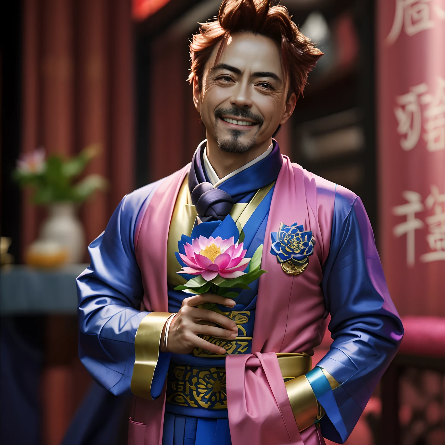 Smiling Robert Downey Jr., Wearing a blue robe, Wear a blue scarf,Holding a pink lotus flower in his hand, Robert Downey Jr, Tony Stark, masterpice, in teh style of tony start, inspired by Chen Daofu, inspired by Li Kan, inspired by Chen Jiru, Holding a lotus flower, inspired by Ma Wan, inspired by Wu Bin, inspired by Li Gonglin, holding lotus flowers