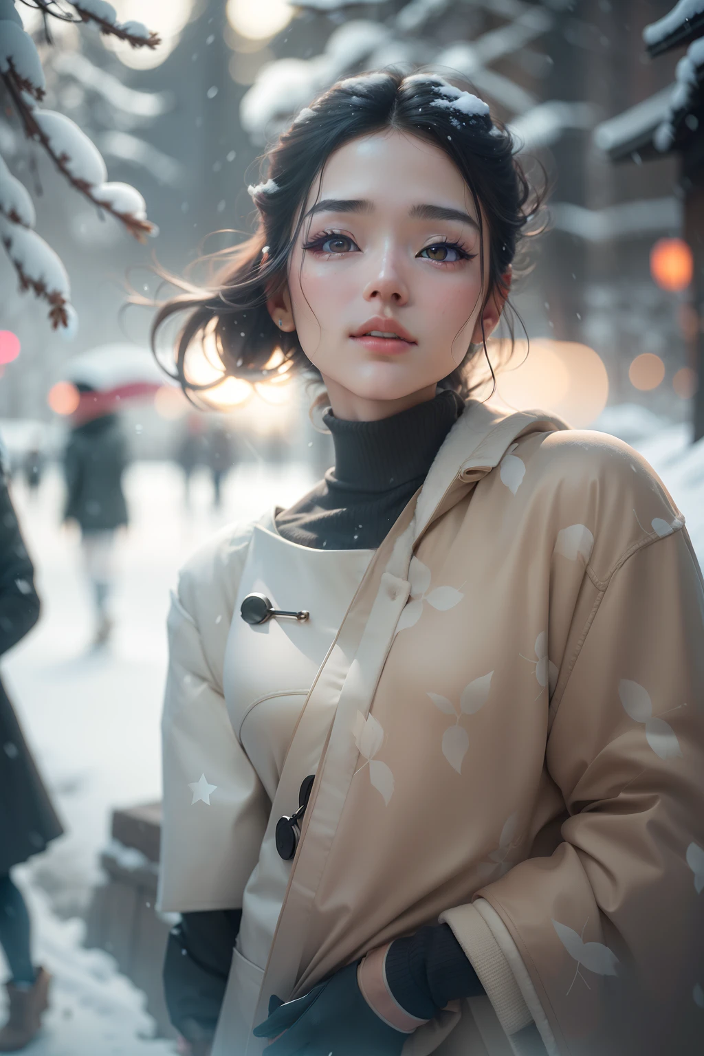 realistic photos of (1 cute Korean star) Shoulder-length hair, thin makeup, medium breasts size, wearing coat, in the snow, clear facial features, 8K high resolution, sharp and realistic details.from outside, Eye-Level Shot, f/4.0, 135mm, Fujifilm, jpeg artifacts, dithering, UHD, masterpiece