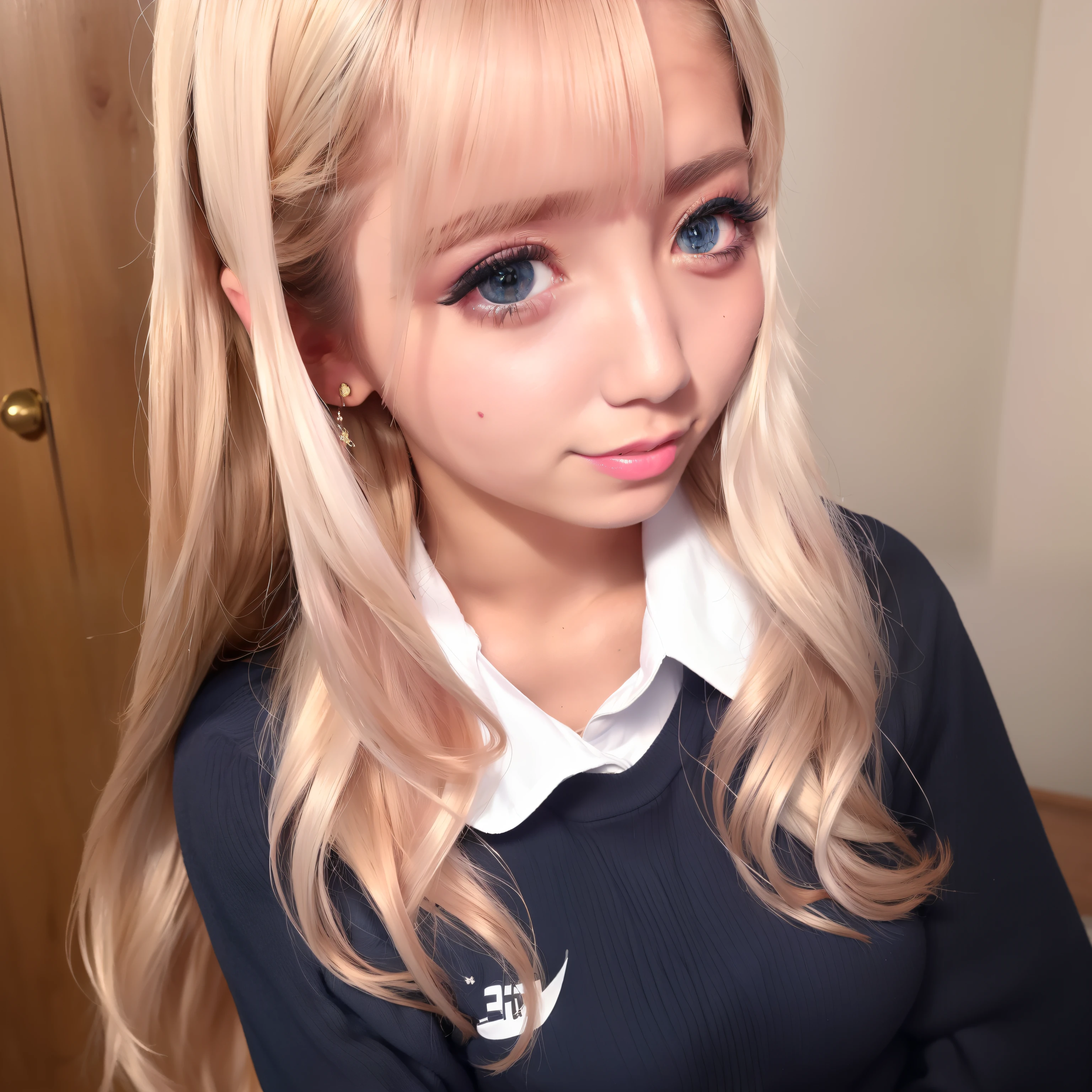 8K,The ultra -The high-definition,top-quality,​masterpiece,masuter piece,Photoreal Stick,(女の子1人:1.2),a blond,Beautiful facial features,big eye,skin tanned,hi-school girl,(Close-up of face),smile,(school uniform),(No pause:1.3)