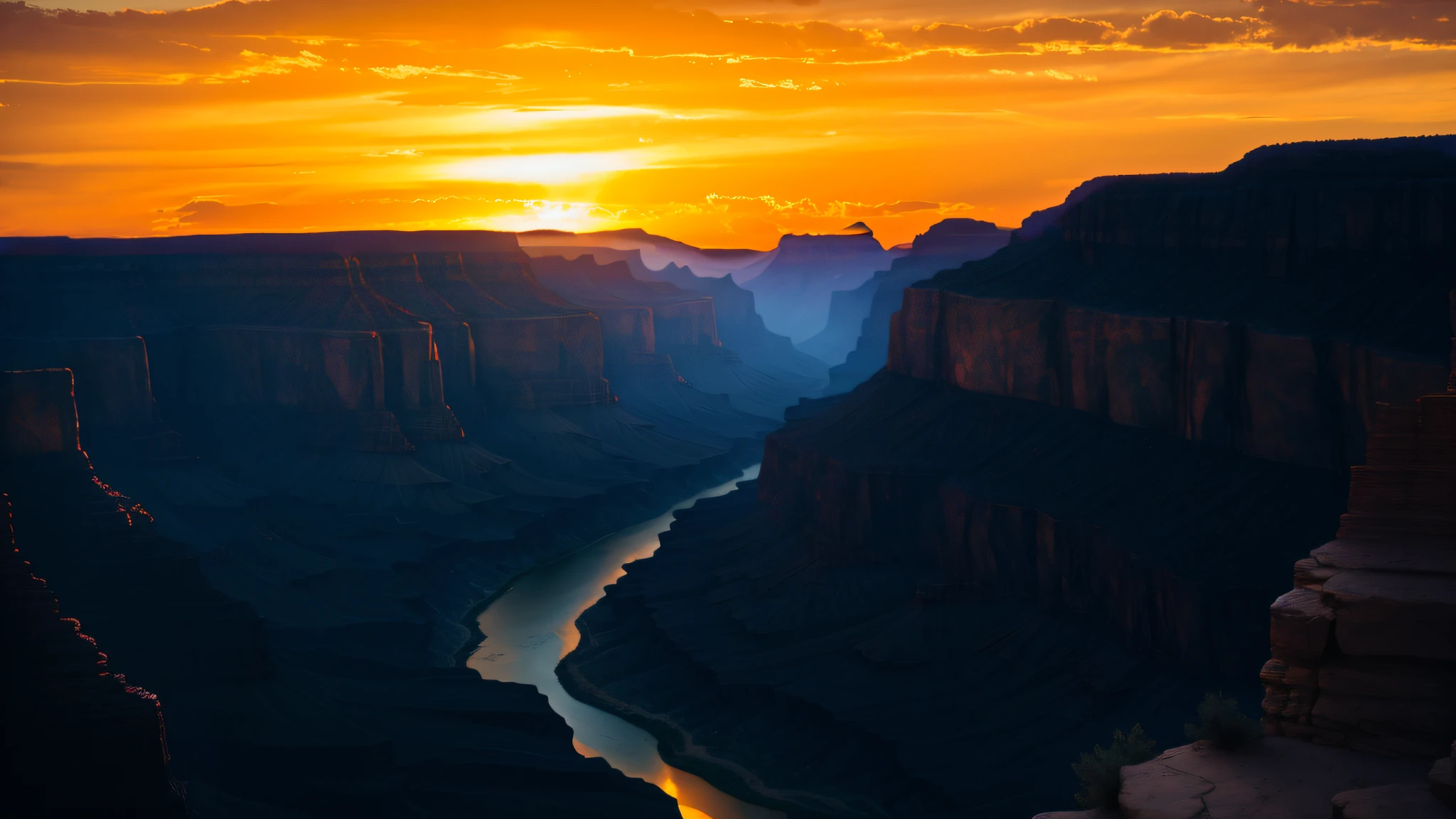 Alafis view of the canyon，A river runs through it, Grand canyon, Grand canyon | prime time, Blue frame light, canyons, beautiful natural rim light, grand canyon in background, sunlight reflected on the river, Great light and shadow", rocky mountains and a river, Mysterious canyon streams, rim lit, canyon topography, rim-light, The light of sunset and sunset