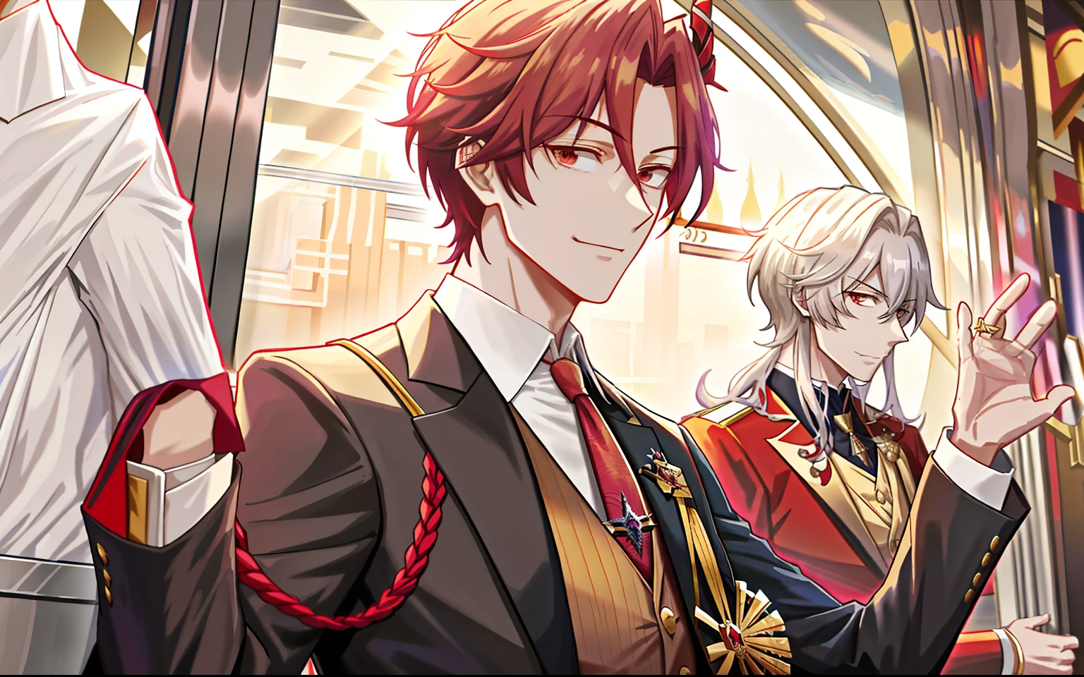 Anime characters waving suits and ties on the train, Kawasi, handsome guy in demon killer art, fate grand order, from girls frontline, Handsome anime pose, Anime handsome man, Keqing from Genshin Impact, Delicate androgynous prince, anime key visual of elegant, smileing nright, A scene from the《azur lane》videogame