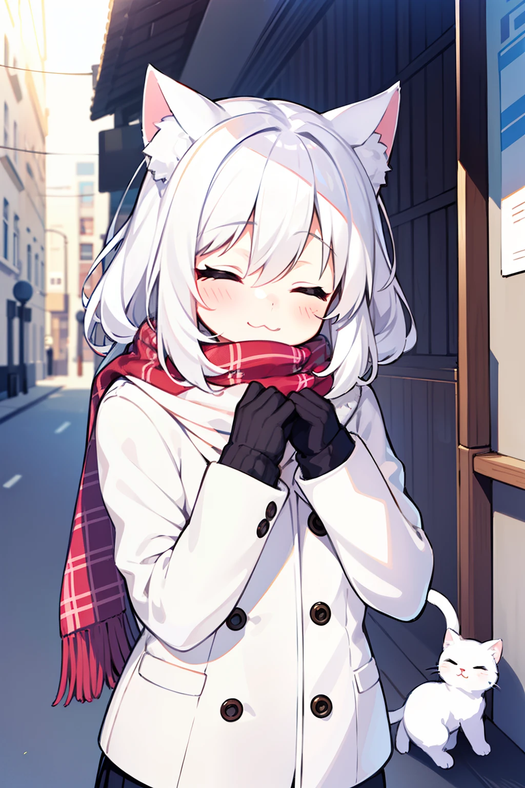 masterpiece, best quality, 1girl, white hair, medium hair, cat ears, closed eyes, looking at viewer, :3, cute, scarf, jacket, outdoors, streets,