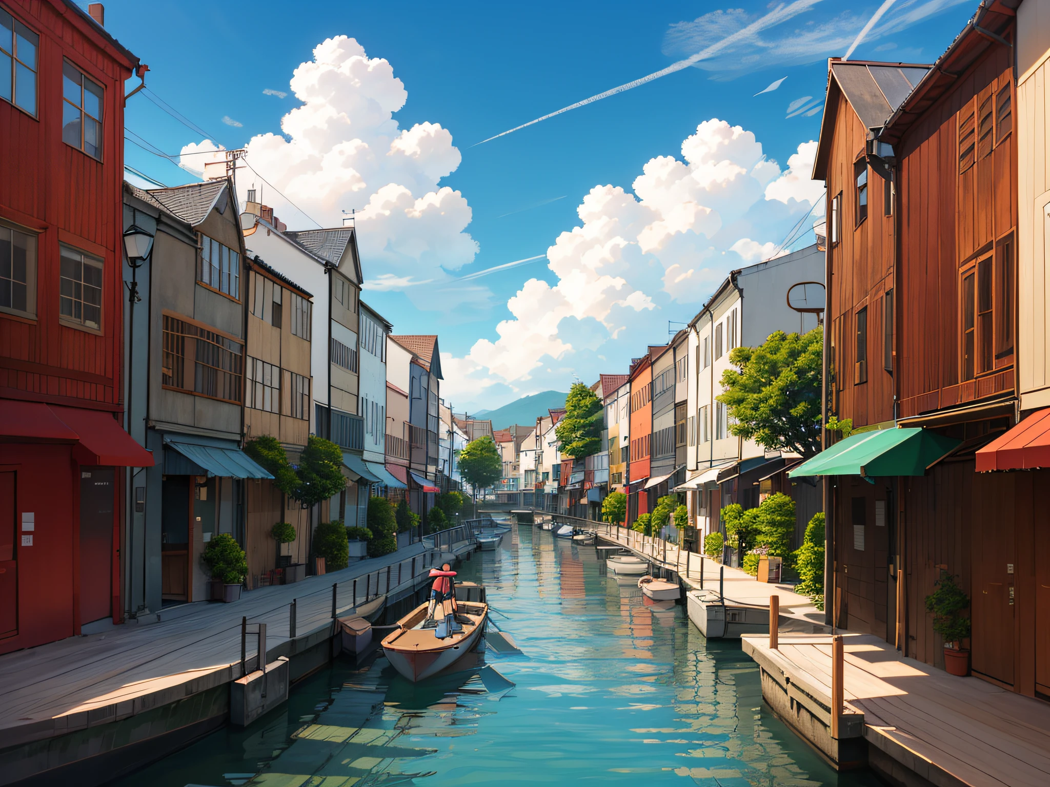 Anime town sunny day boat