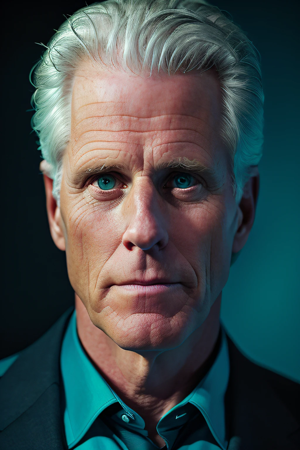 Award-winning photo portrait of Ted Danson posing in a dark studio, (Rim lighting,: 1.4) Two-tone lighting, Sharp Focus, teal hue, octane, Unreal, The dim, lowkey,