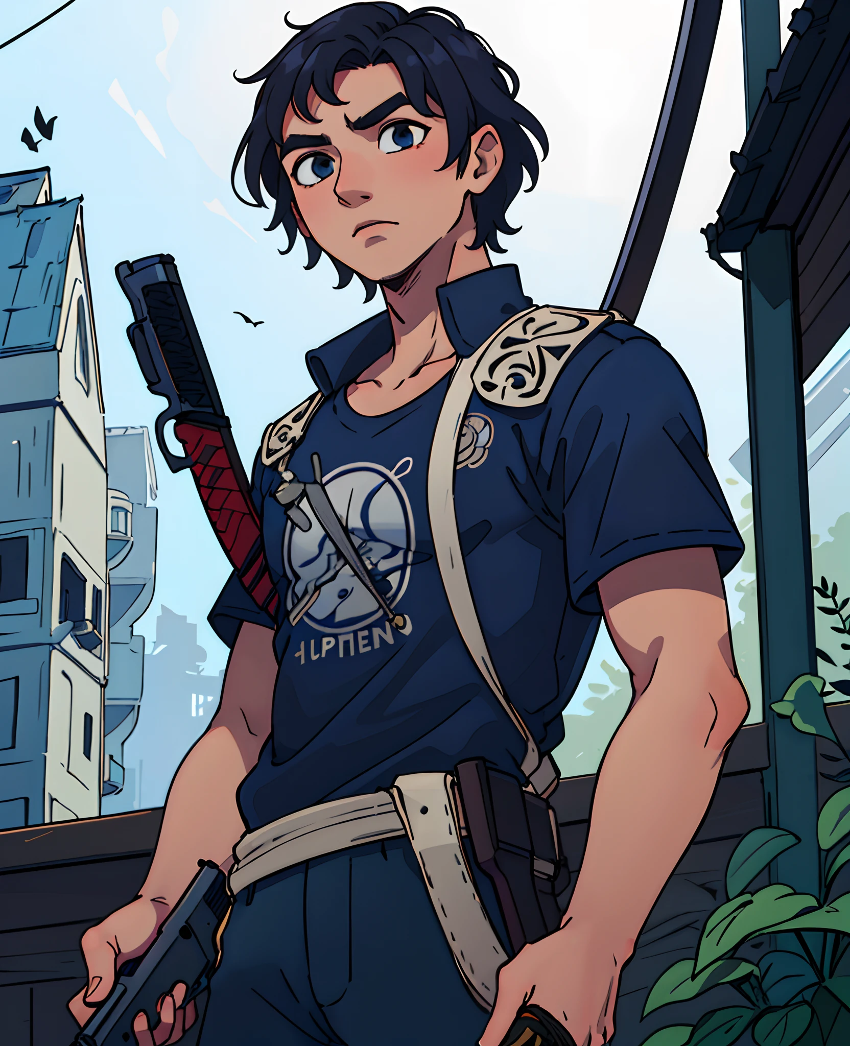 (absurdres, highres, ultra detailed), masterpiece, best quality, 1boy, holding gun, one gun, intricate gun, solo, handsome, short hair,black t-shirt, blue jackets, upper body, from below, katana in the back