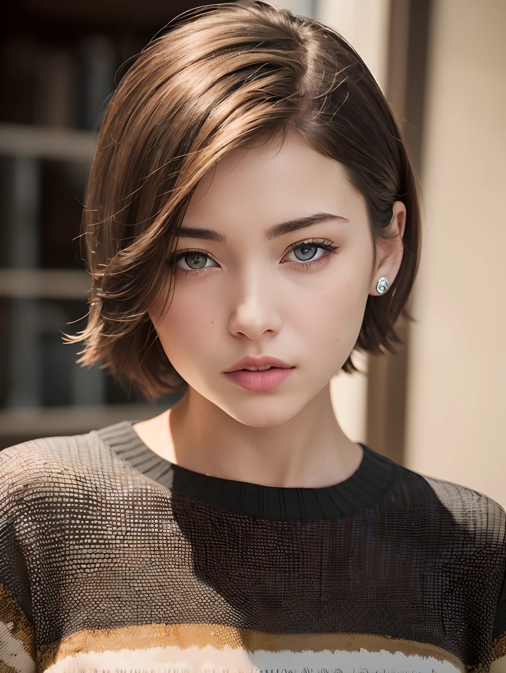 (masterpiece:1.3), (8k, photorealistic, RAW photo, best quality: 1.4), (1girl), beautiful face, (realistic face), (black hair, short hair:1.3), beautiful hairstyle, realistic eyes, beautiful detailed eyes, (realistic skin), beautiful skin, (sweater), absurdres, attractive, ultra high res, ultra realistic, highly detailed, golden ratio