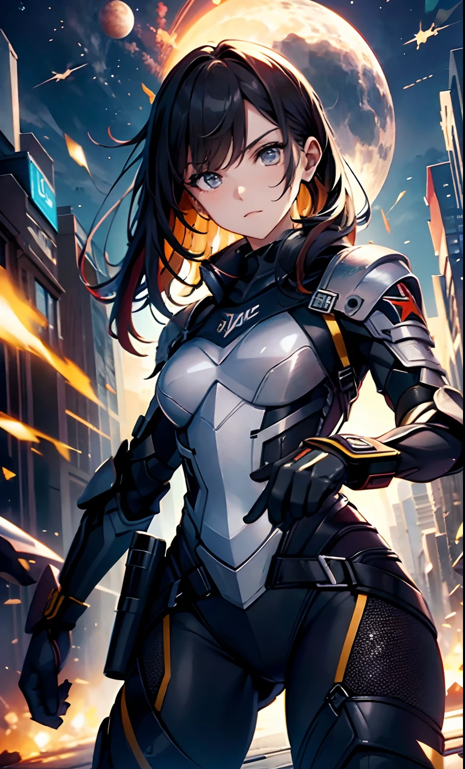 best qualityer,tmasterpiece,Ultimate resolution,downy,Extremely colorful,Colorful,Women combatants,a matural male,holding gun,Tight combat suit,tightsuit,cosmic background,the night,Normal posture,Normal posture