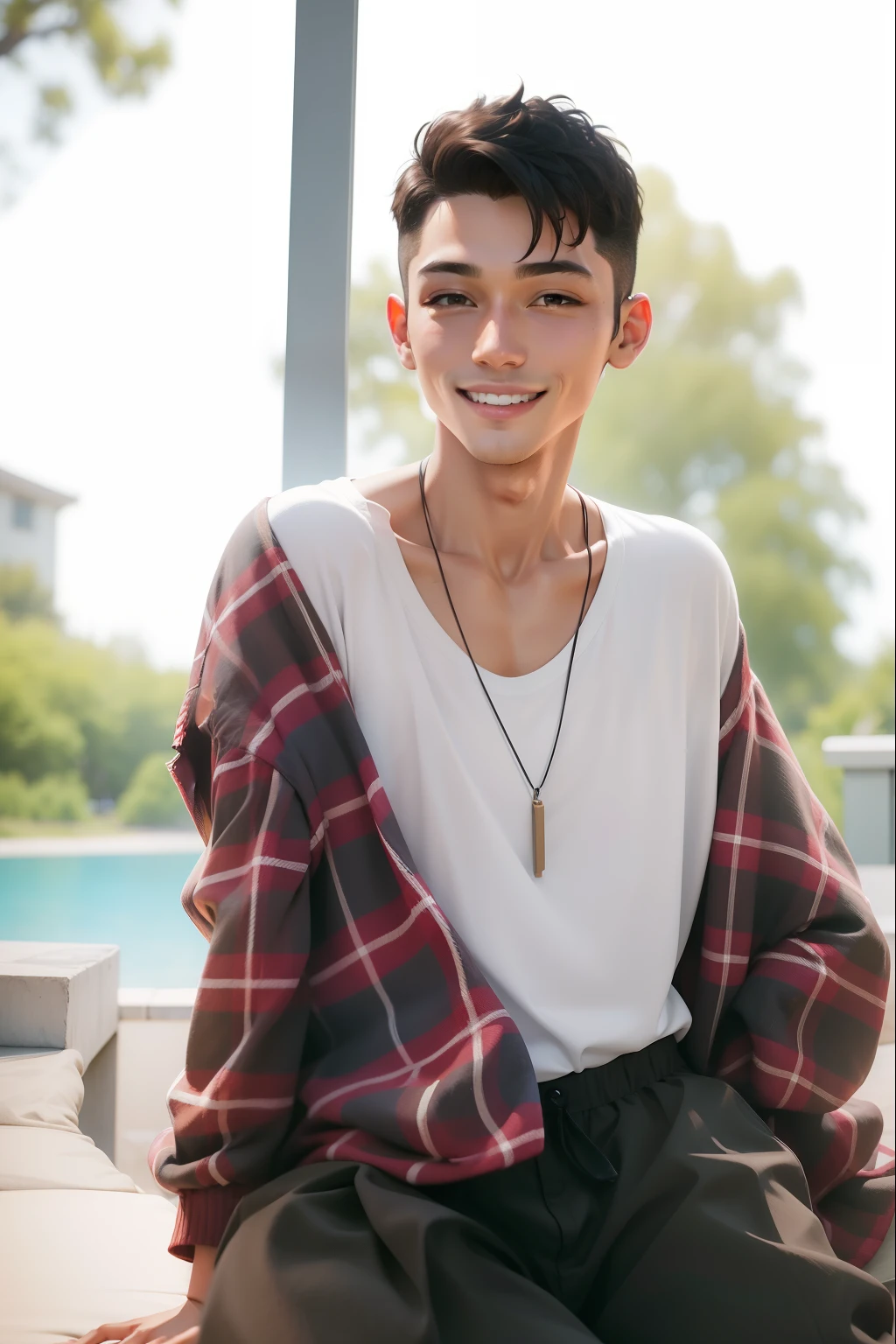 High Quality, 8k photo, sexy, matured look, short hair, 1gay only,natural smile, Masterpeace, browned eyes, Checkered Longsleeve, white T shirt