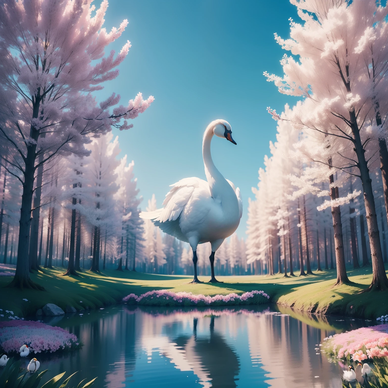 There is a forest with flowers, there is a standing swan, in the middle of the forest, blue sky, spring season