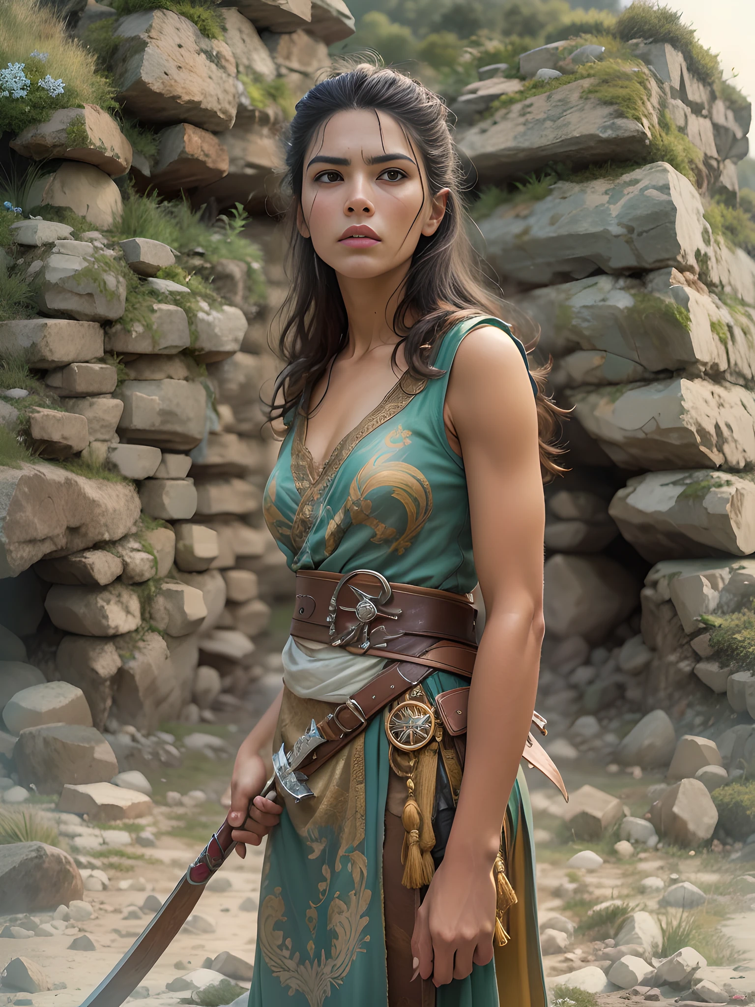 Foto RAW, ((poderoso)), ((feroz)), ((Intransigente)), 1 Spanish woman , Tartessos, Su presencia inspira respeto y evoca asombro. Vestido con un chaleco de cuero abierto, The warrior wields weapons such as bows and arrows, El rostro curtido es testigo de innumerables batallas y coraje indomable. Standing against a backdrop of an abandoned medieval tower, On a rocky mountain in the middle of the Spanish prairie, estilo de William Eggleston, she represents the indomitable spirit of the warrior women of Tartessos, Con su cabello suelto y expresiones decididas, Ella encarna la fuerza, bravery, y belleza. Esta escena captura la esencia de su rica historia y feroces tradiciones guerreras., Immersing yourself in an epic saga of courage and conquest. a la altura de los ojos, scenic, Obra maestra.