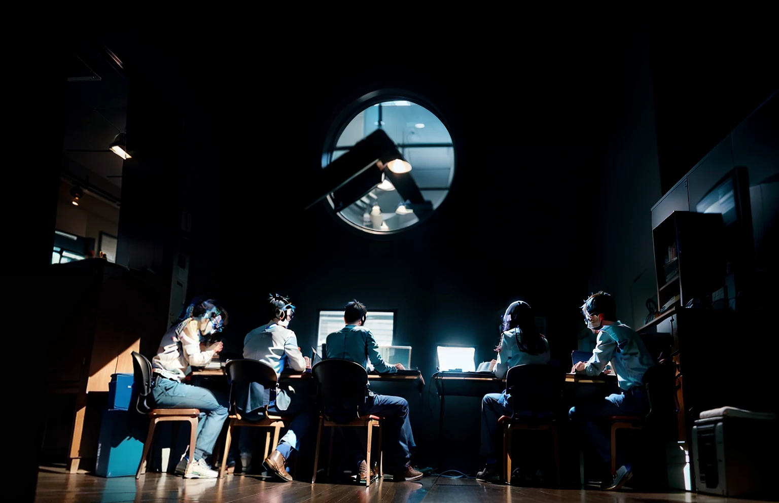 Except for the one in the middle，They all wore blue fall school uniforms，Write questions with your head down，Wear blue trousers。They all sat in chairs，There are six chairs，Start from the fourth position on the left side of your computer screen, Write mathematical formulas，A middle-aged male teacher wearing glasses walked to the door，On the far right is a supercomputer