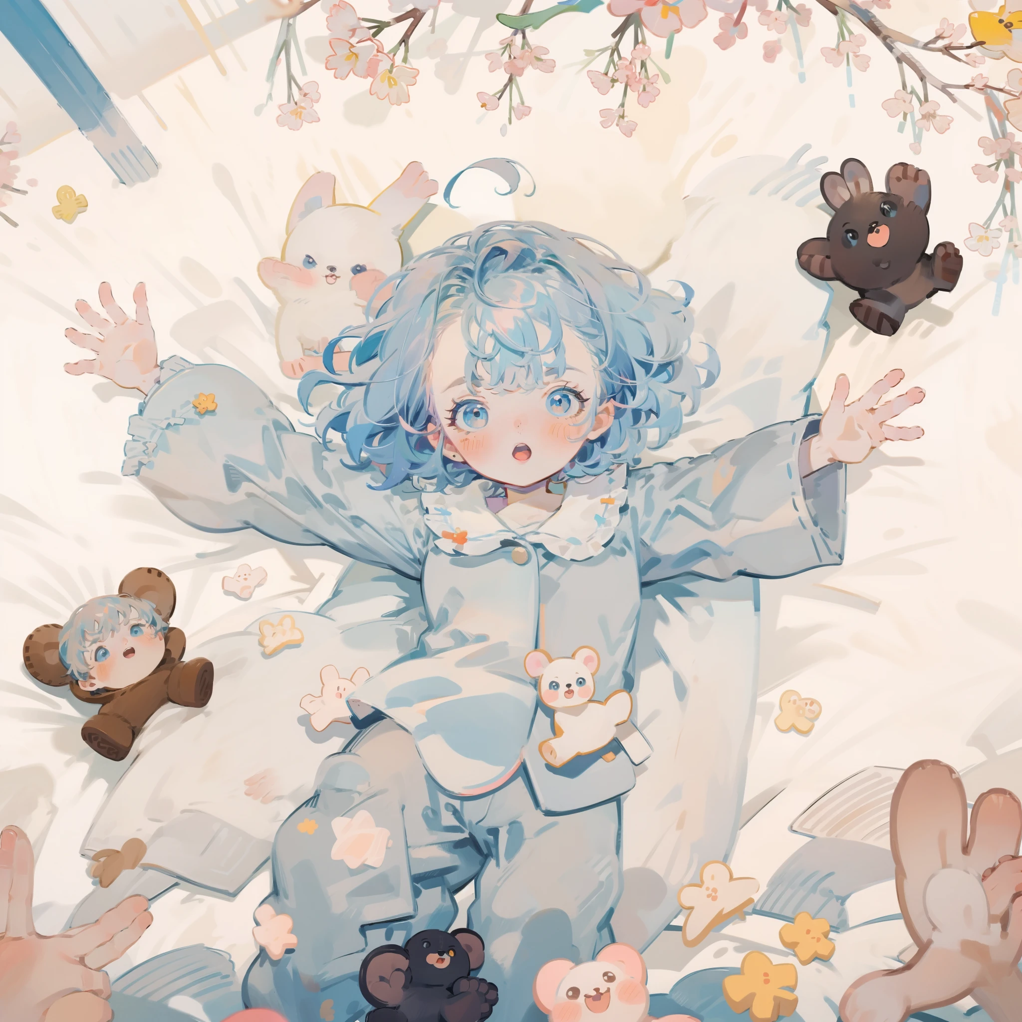 1 girl in,独奏,softlighting，softfocus，blurry image，high lighting，Low contrast，The overall feel is like an oil painting,Raise both hands,spreading arms widely,In light blue pajamas,lightblue hair,light blue  eyes,Medium Hair,Punished punished cheeks,Mouth open,Bedroom,Warm light,I'm excited,Warm illustrations,From  above,close-up,a closeup,teddy bears,Twin-tailed