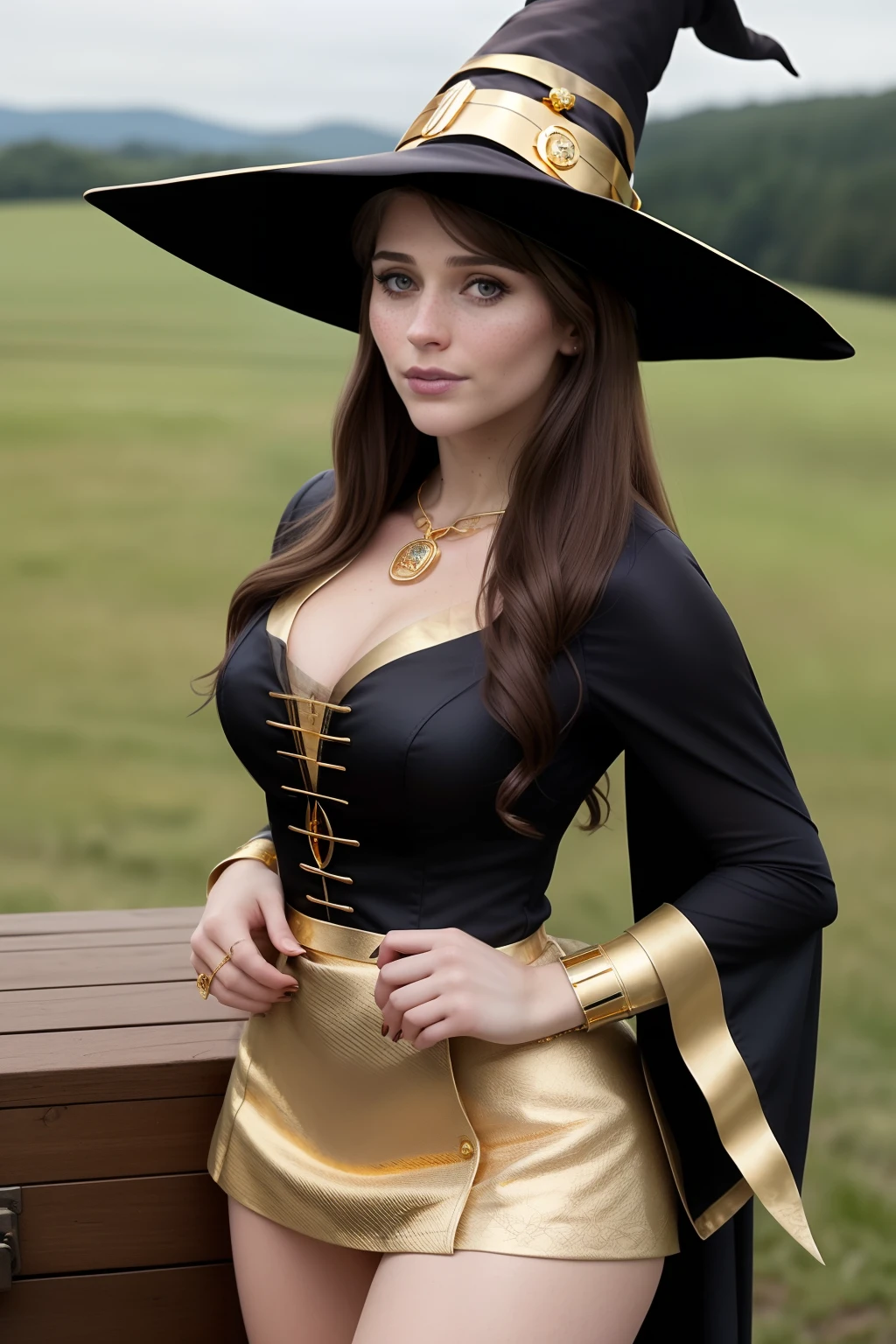 (masterpiece), cinematic film still, (full body shot) of beautiful and sexy young woman, looks like Gemma Arterton and Elizabeth Olsen, (detailed facial features), seductive look, (amazing body), (wearing gold jewelry:1.5), standing, outdoors, moist, damp, (detailed background), shallow depth of field, (detailed), photographed on a Kodak box camera, micro skirt, ancient costume, (mons pubis:1) (big breasts:0.7), (fit:1.3), white hair, freckles, (witch:1.6), (Wiccan:1.5)