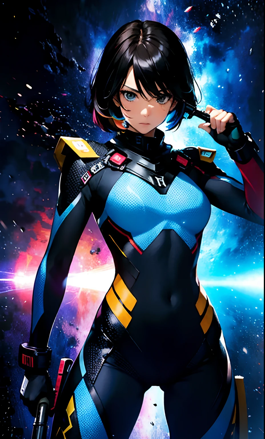 best qualityer,tmasterpiece,Ultimate resolution,downy,Extremely colorful,Colorful,Women combatants,a matural male,holding gun,Tight combat suit,tightsuit,cosmic background,the night,Normal posture,Normal posture