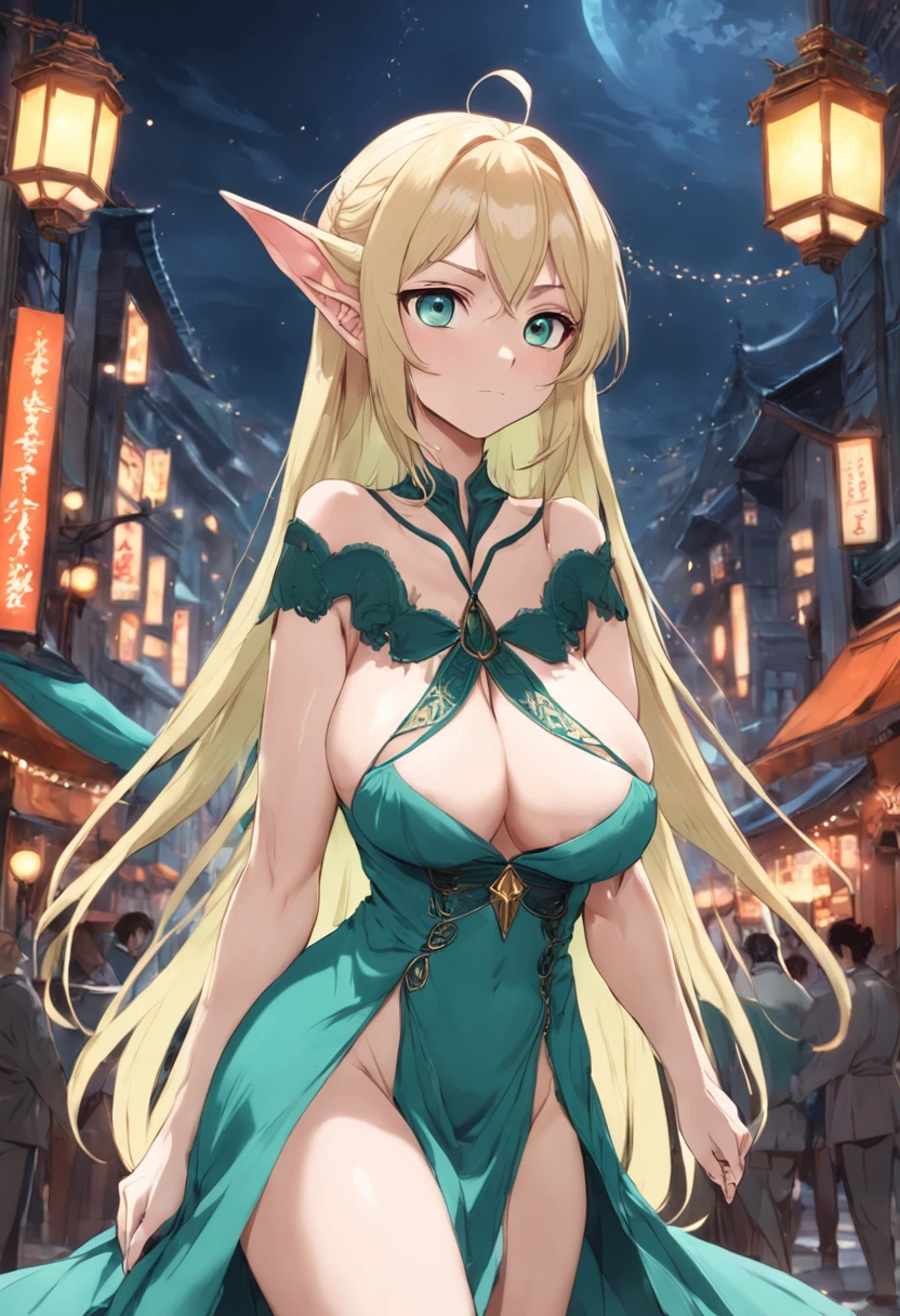 age30,mature,milf,anime,elf,woman,blonde,tall,SFW busty,voluptuous,SFW huge breasts,curvy,intricate detailed long dress,mint green eyes