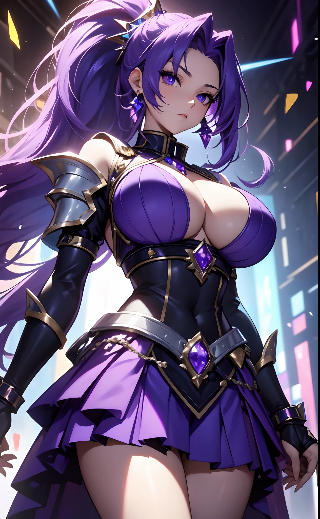 best qualityer,tmasterpiece,Ultimate resolution,downy,Extremely colorful,Colorful,Lady Knight,Royal Sister,Blue-purple armor skirt,huge tit,(Short thin purple hair,High ponytail),Shield set with precious stones,jewelry,Pedras preciosas,Normal posture