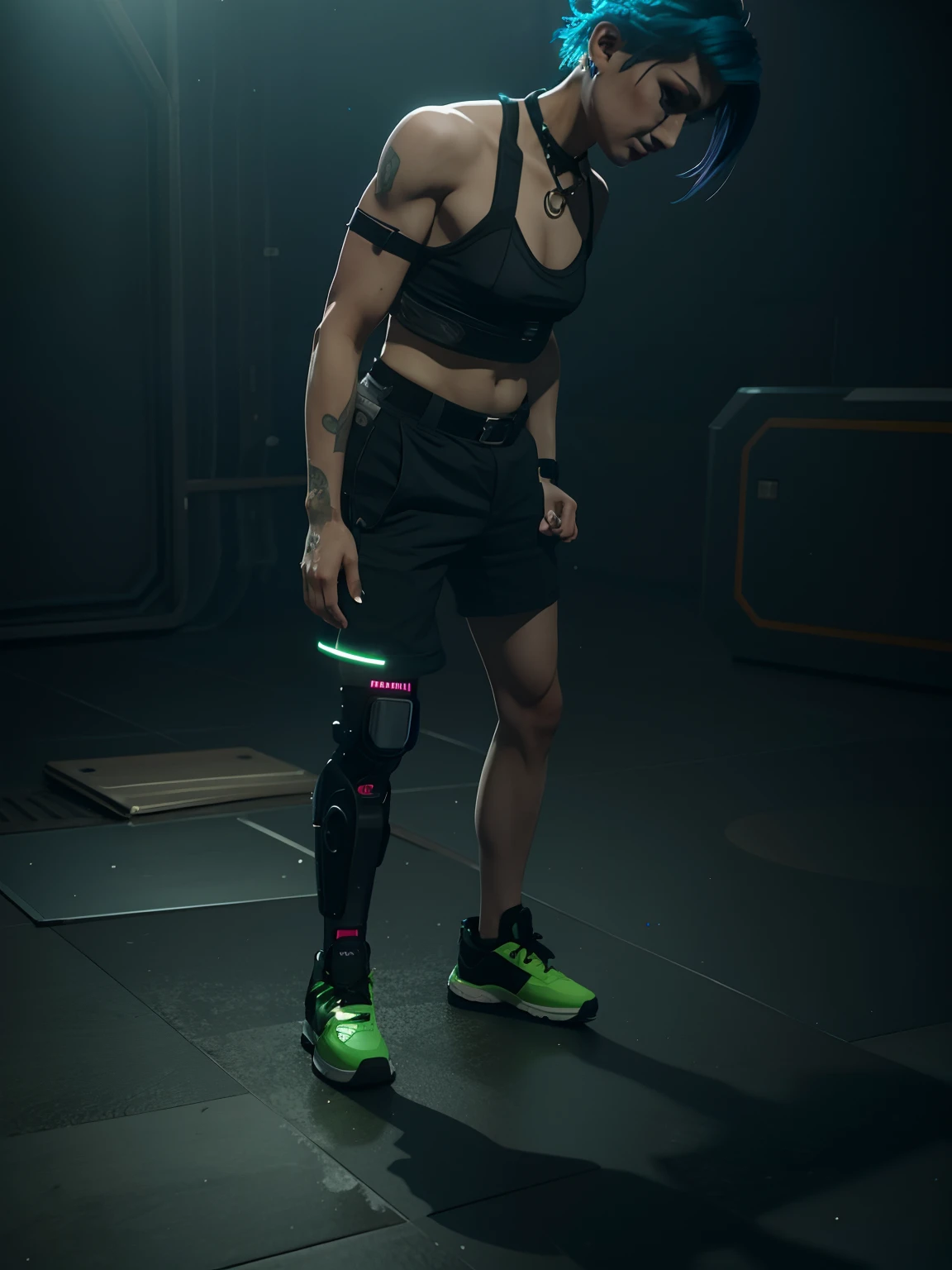 Single leg amputees,Wear less clothes,Background changes,cyber punk perssonage