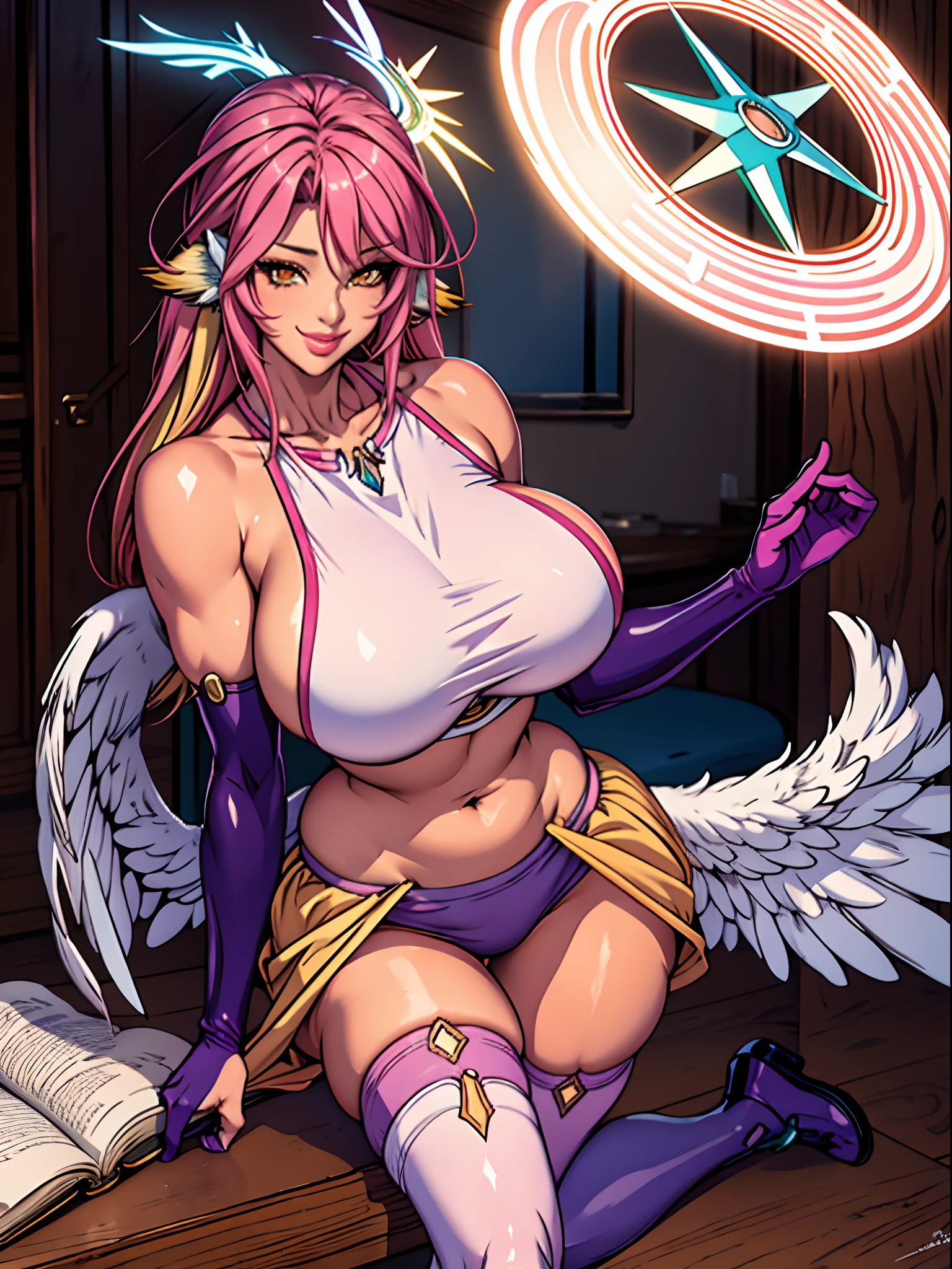 jibril 1girl, solo, long hair, breasts, sideboob, halo, pink hair, pink stocking, low wings, compass rose halo, wings, navel, book, gloves, bird ears, midriff, magic circle, asymmetrical legwear, angel, angel wings, animal ears, very long hair, yellow eyes, white wings, large breasts, mismatched legwear, single shoe, feathered wings, orange eyes, shoes, multicolored eyes, thighhighs, crop top, cross, multicolored hair, gradient hair, looking at viewer,, smile ,walking