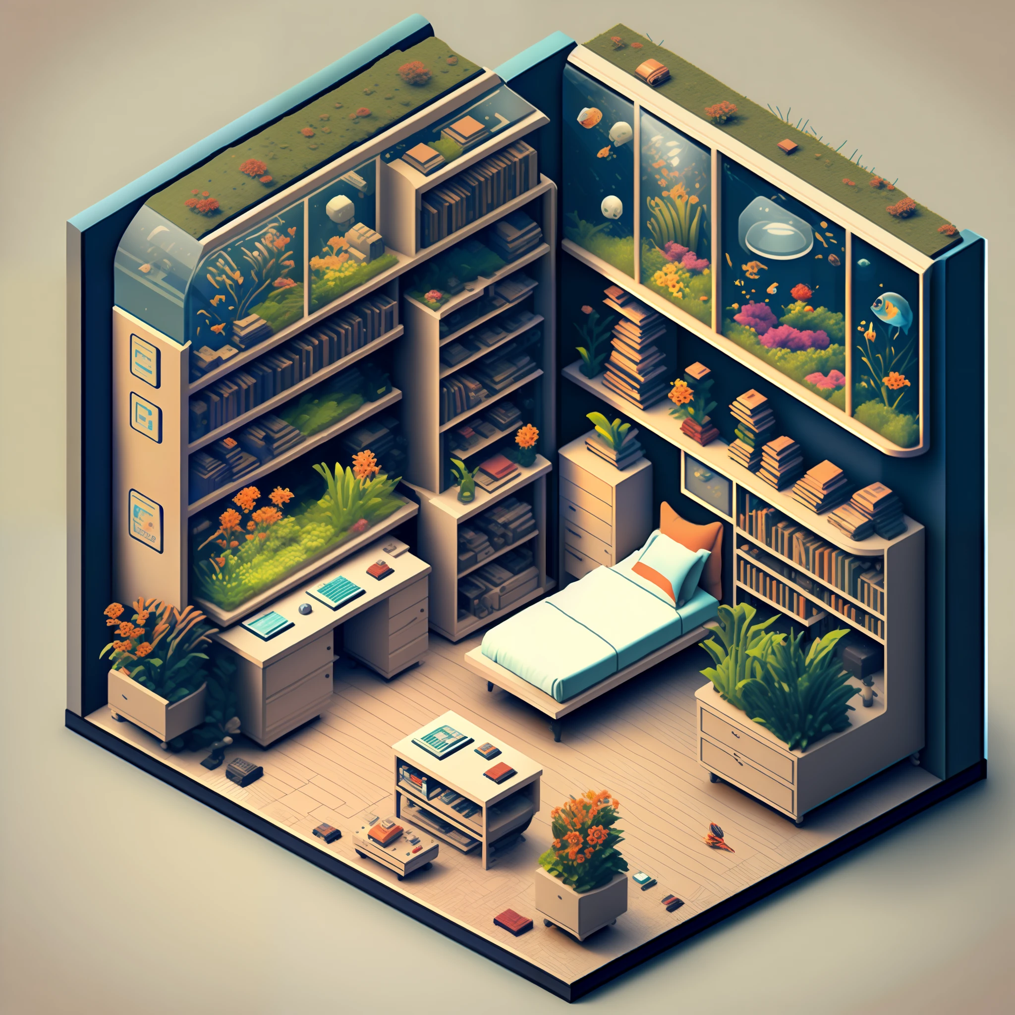 Sharpness，Isometric perspective+Interior decoration，Single image，Flower Ben，Aquarium，Bedrooms，study room