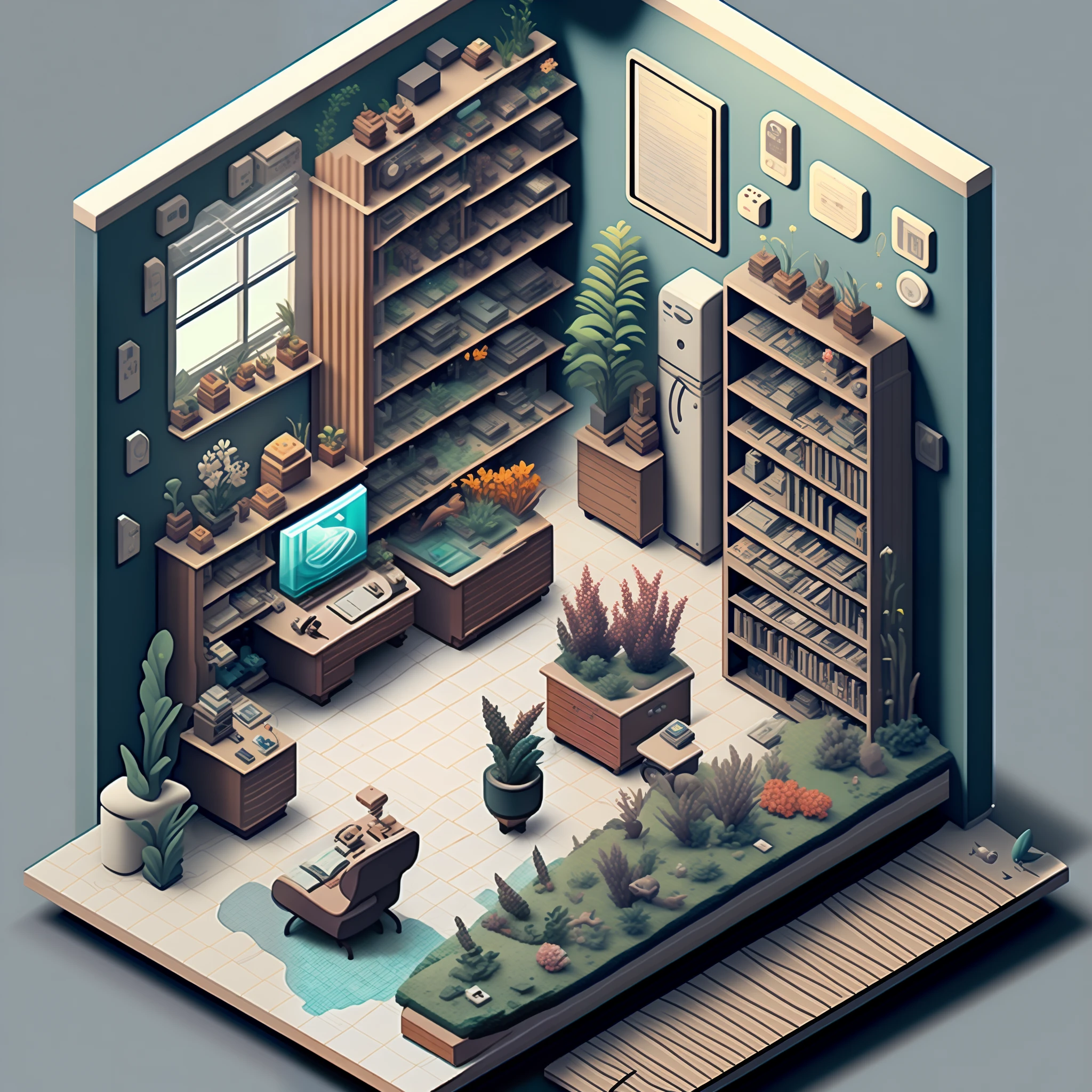 Sharpness，Isometric perspective+Interior decoration，Single image，Flower Ben，Aquarium，Bedrooms，study room