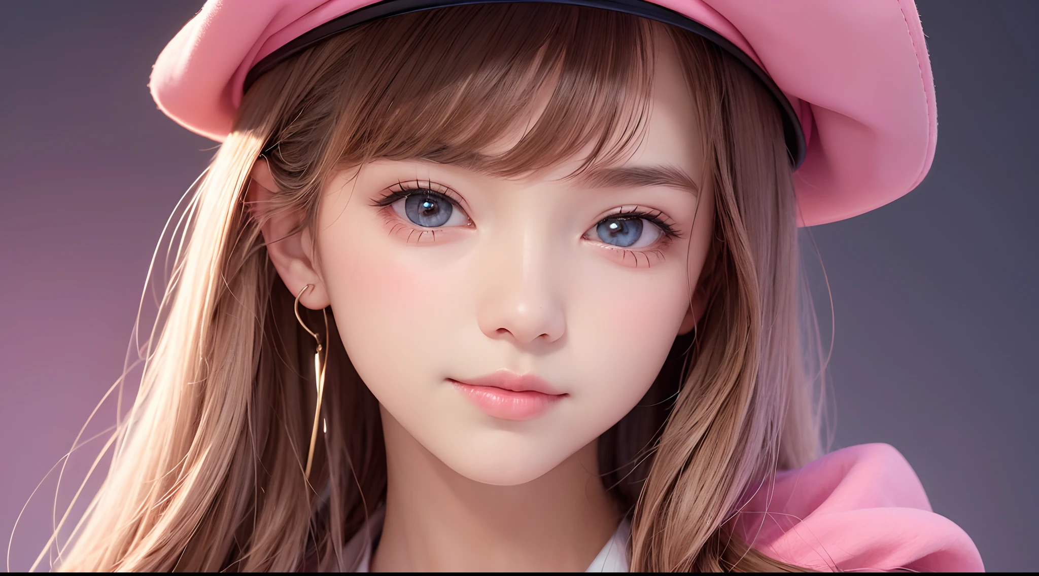 (1 prefect cute face girl),((solo)),pink theme,captain hat, blushing, facing viewer,simple background, ultra detailed, realistic,