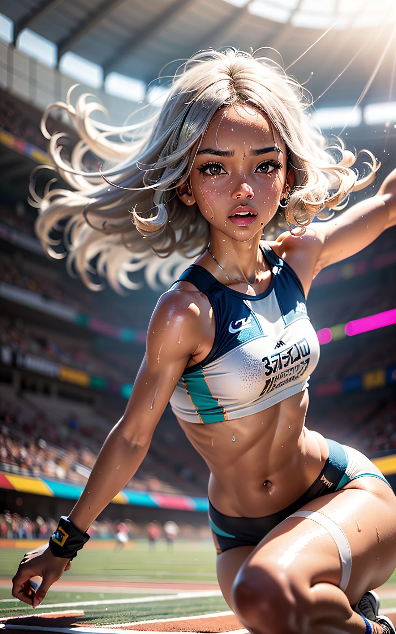 (award winning 64k concept art:1.2) of (girl, dark skin tone:1.2) in usa team sportswear at the stadium, sweet, throwing a javelin, front, epic, god rays, (sweat:1.3), centered, upper body, (masterpiece:1.2), (best quality:1.3), Amazing, highly detailed, beautiful, finely detailed, warm soft color grading, (Depth of field:1.4), extremely detailed 64k, fine art, stunning, iridescent, (shiny:1.4), (light reflections:1.3), (crisp:1.6), silver short curls, spring, vibrant, sunlit, (edge detection:1.4), absurdres, impressive, 120mm, glittering, extremely clear, lens flare, motion lines