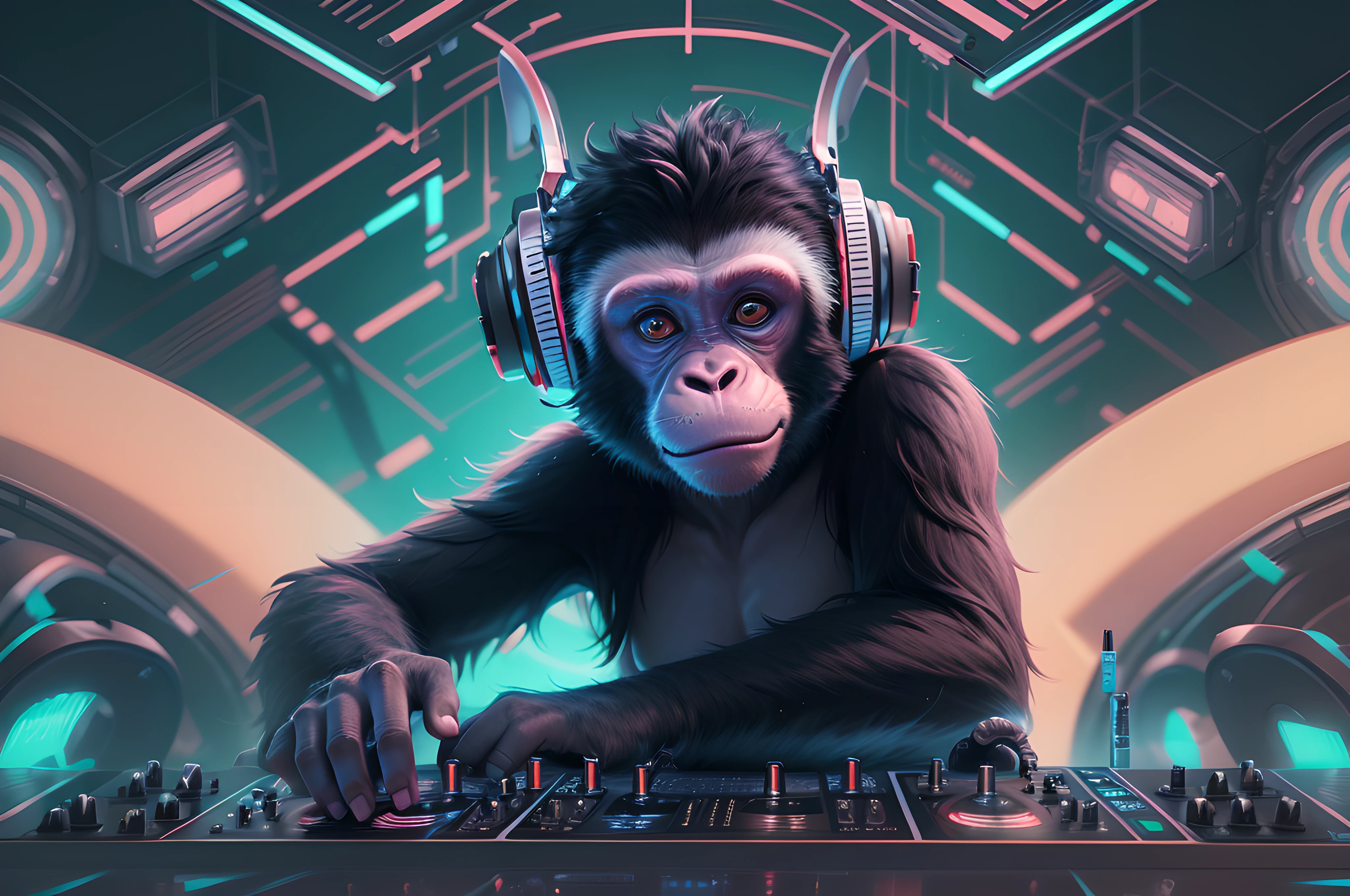 8K,Best quality, masterpiece, ultra-high res, (photorealistic:1.4), a cute monkey DJ, club lighting, cyber punk cute style, pastel triadic colors, club detailed background