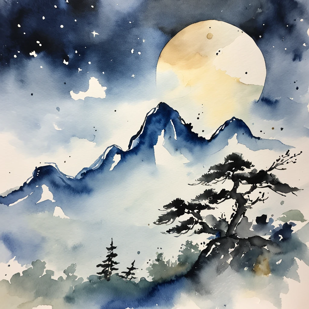 A mountain on white paper expressed only by shades of ink々and a sea of clouds and a moonlit night、Pale touch、ink and watercolor painting