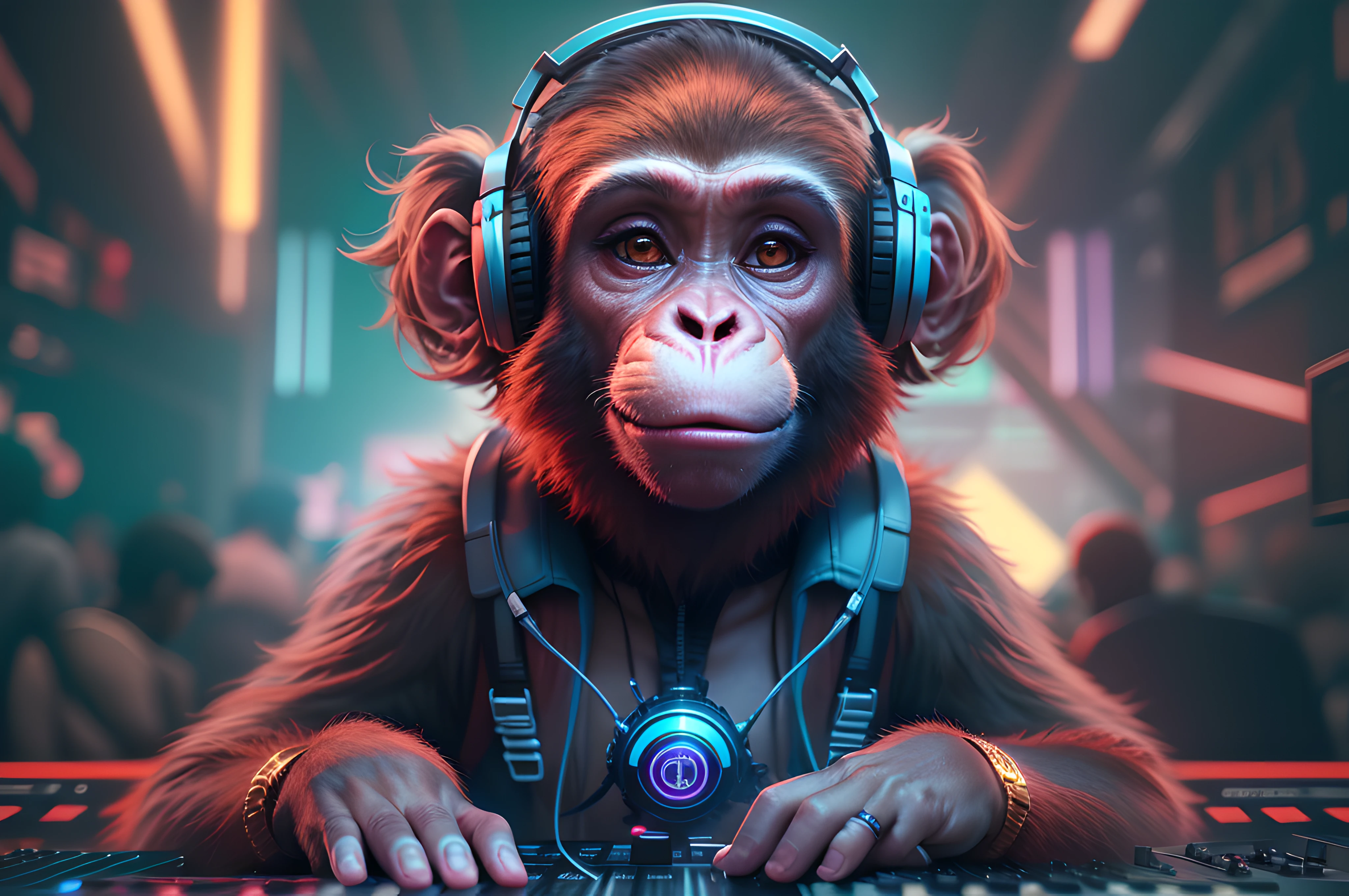 8K,Best quality, masterpiece, ultra-high res, (photorealistic:1.4), a cute monkey DJ, club lighting, cyber punk cute style, pastel triadic colors, club detailed background