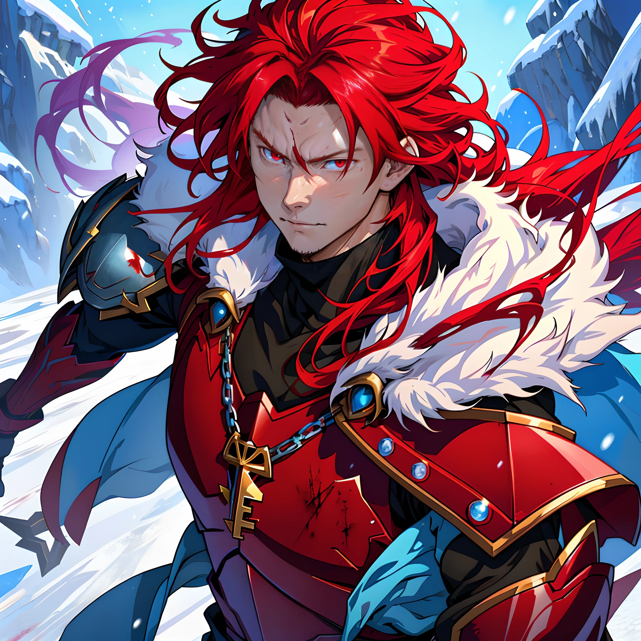 Anime characters with red hair and red eyes in the snow, Ice Mage,Tall anime guy with red eyes, freezing blue skin, Key anime art, Kazuto Okada。, male anime character, Ice crystal armor, Detailed key anime art, full portrait of magical knight, Red and blood-colored armor, with ice powers