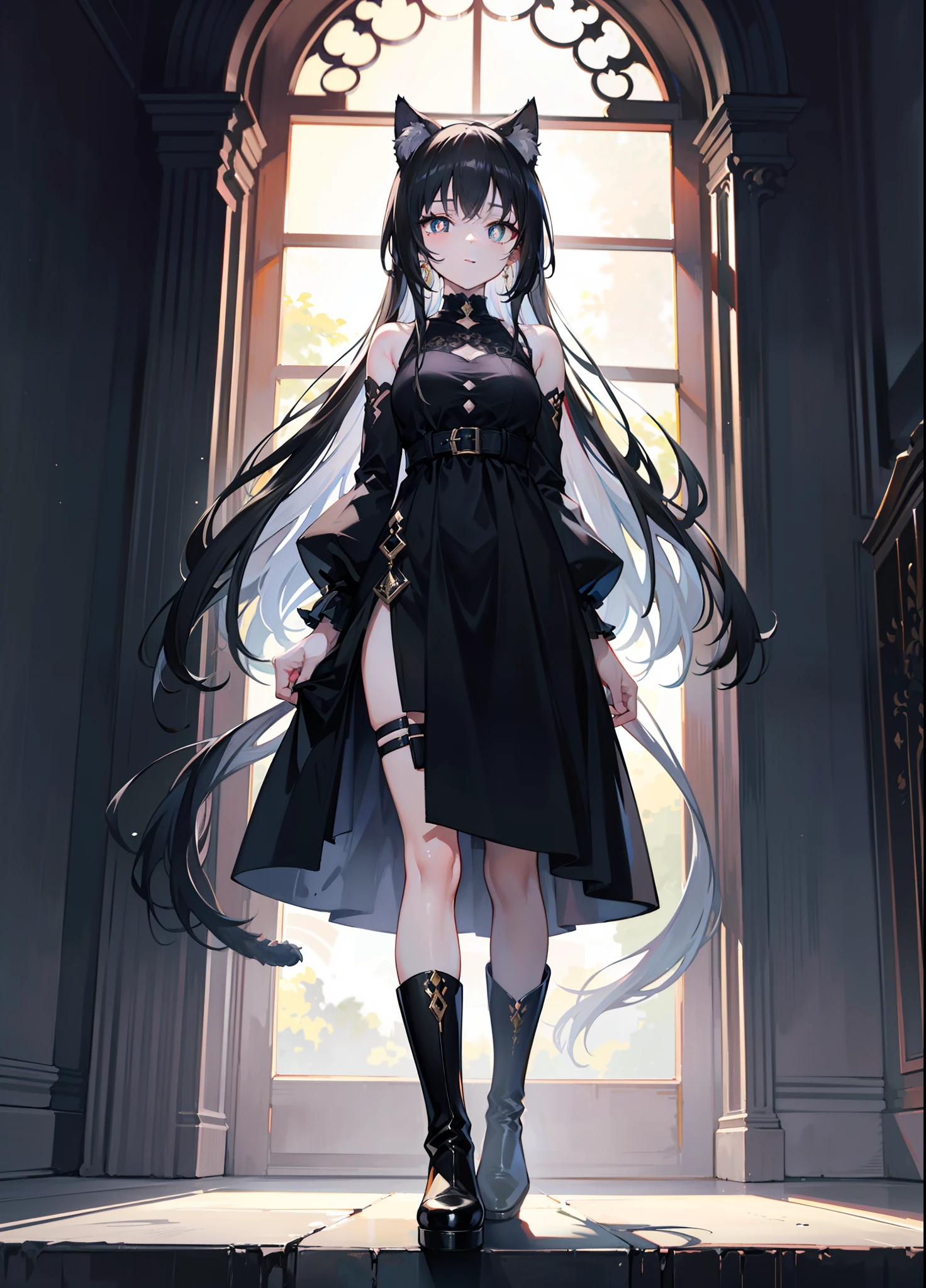 (tmasterpiece,best qualtiy,style of anime,a sense of atmosphere,higher details,cg render,Standing painting,Ray traching,Aristocratic temperament,Award-Awarded,Divine sense top light)(Black color hair,cat ear,long whitr hair,hair straight,Black pupils,black long dress,Black boots,Non-juveniles)