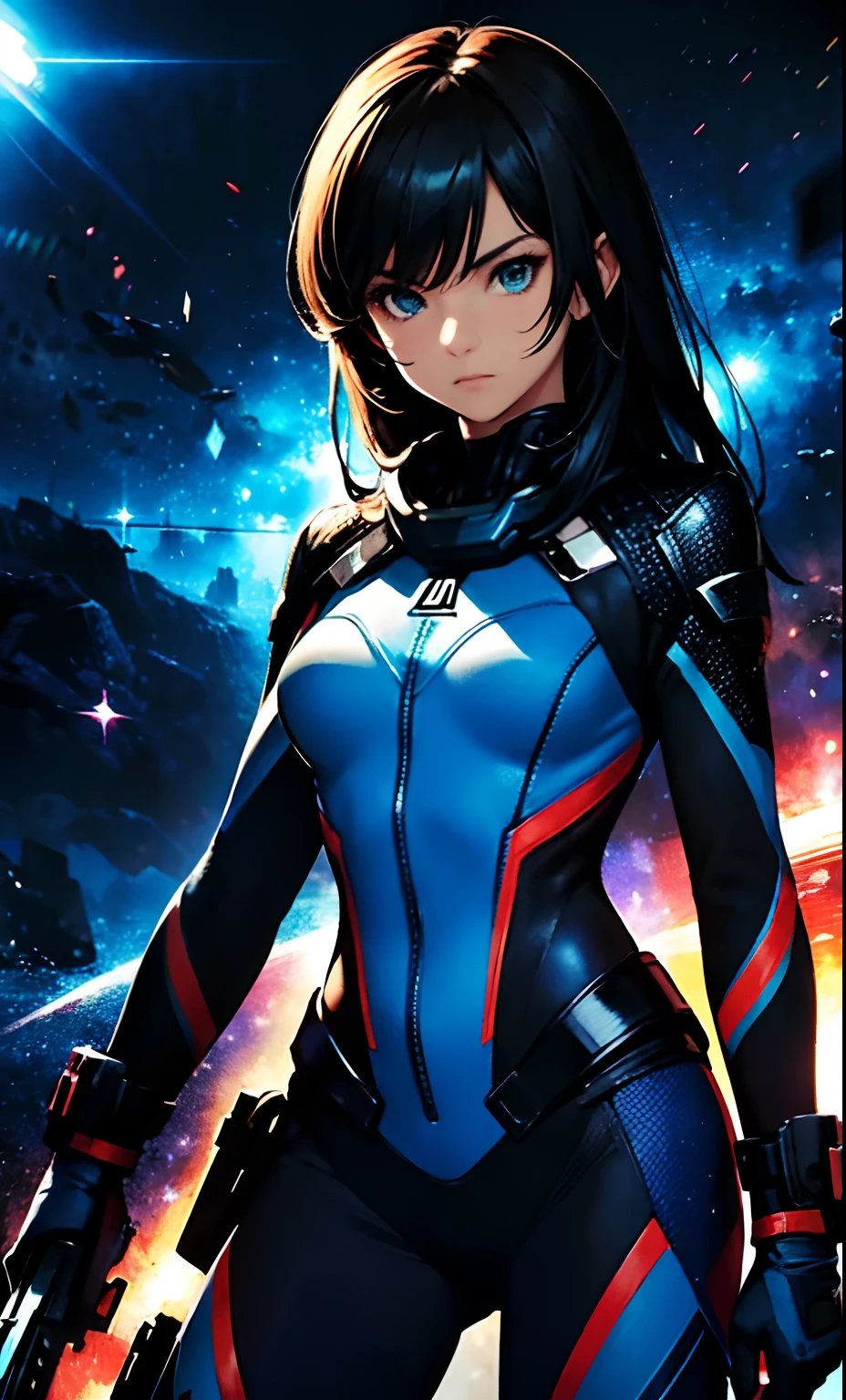 best qualityer,tmasterpiece,Ultimate resolution,downy,Extremely colorful,Colorful,Women combatants,a matural male, boy solo, holding gun,Tight combat suit,tightsuit,cosmic background,the night,Normal posture,Normal posture