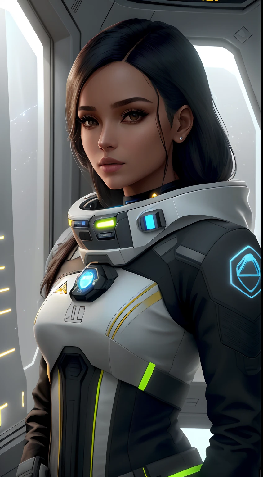 head of security of a space station, traje branco com preto e listras amarelas, cabelos pretos, olhos pretos , pele levemente branca, corpo esbelto e intrincado, corpo inteiro| retrato de corpo inteiro| rosto detalhado| symmetr| mistura de star trek, stellaris e cyberpunk| | intrincado detalhado| escalar| hiperrealista| cinematic lighthing| arte digital| arte conceitual| estilo mdjrny-v4. unreal engine