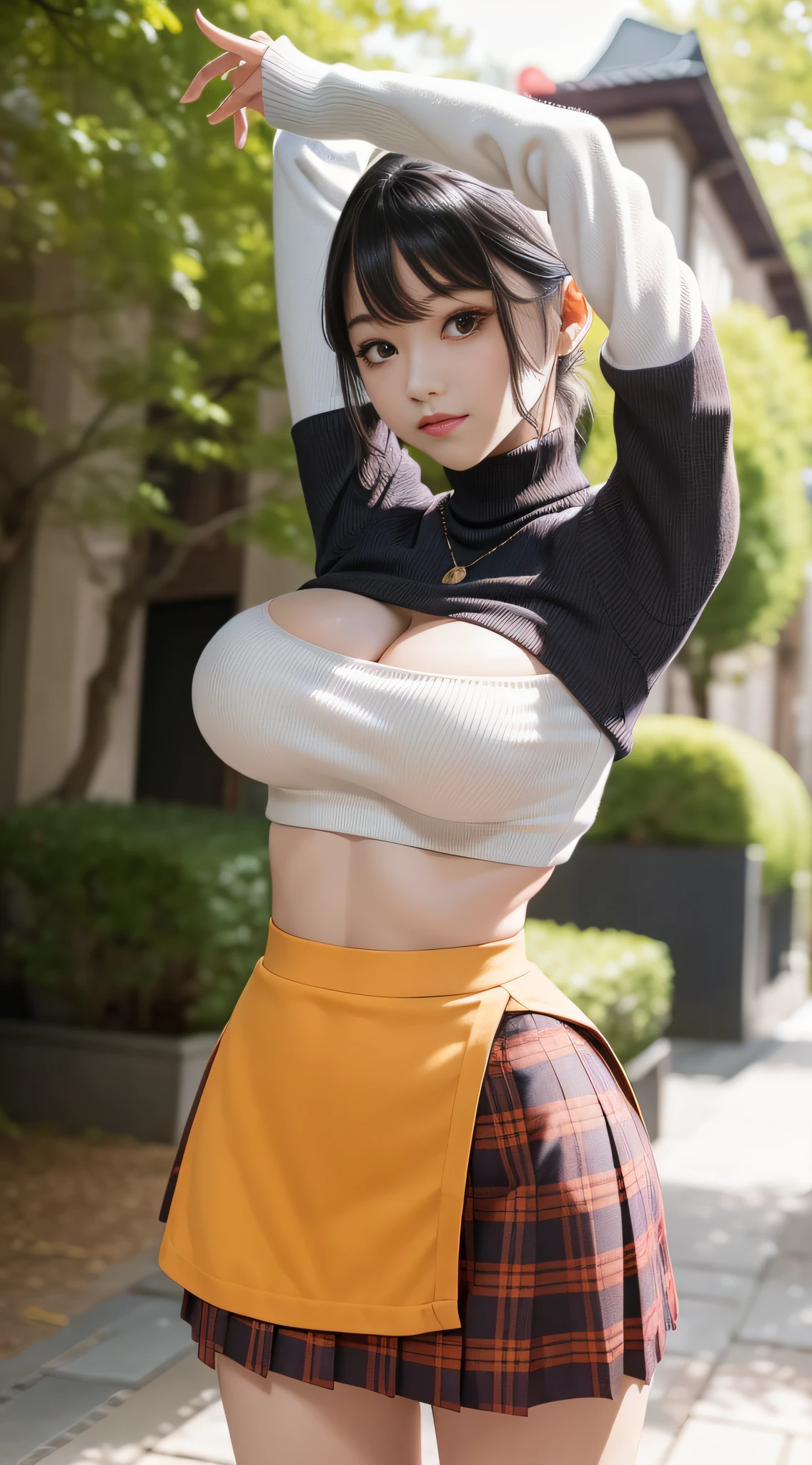 ((Masterpiece)),((Best quality)),Ultra-detailed,illustratio,Explicit,Beautiful body,Beautiful nose,Beautiful character design,Perfect eyes,Perfect face,the wallpaper,超高分辨率,4K,Photography,(Beautiful,Large breasts:1.5),(Beautiful face:1.2),Beautiful legs,Perfect legs,NSFW,full bodyesbian,NSFW,Shiny skin,Otori Maoka,1girll,Breasts,Solo,Skirt,upper legs,Sweater,clothing cutout,cleavage,navel,cleavage cutout,plaid skirts,Open-chest sweater,White hair,black thighhigns,ribbed sweater,tartan,Blush,meme attire,view the viewer,Turtleneck,Black sweater,Red skirt,arms back behind,zettai ryouiki,midriff,Miniskirt,bangs,Short hair,Orange eyes,Long sleeves,Medium hair,standing,high-necksweater,Yellow eyes,Closed mouth,Outdoor,school,school ground,School Contact,hanami,