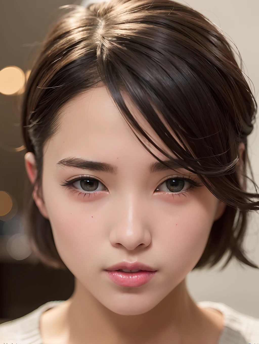 (masuter piece:1.3)、(8k、Photorealsitic、RAW Photography、top-quality: 1.4)、(1girl)、beautiful countenance、(lifelike face)、(A dark-haired、short-hair:1.3)、Beautiful hairstyle、Realistic black eyes、Beautiful details、(real looking skin)、Beautiful skins、(Sweaters)、absurderes、enticing、超A high resolution、A hyper-realistic、high-detail、the golden ratio