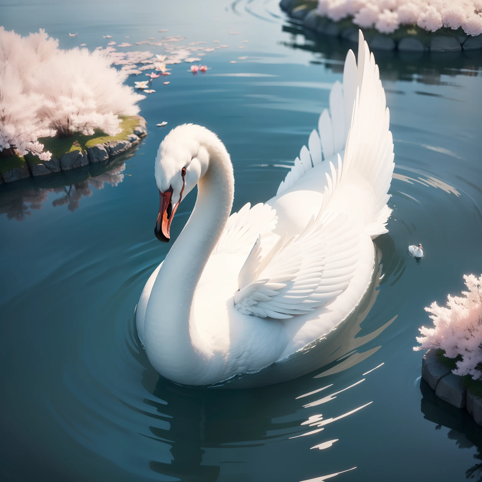 There is a white swan, in the middle of the lake, spring season, close up