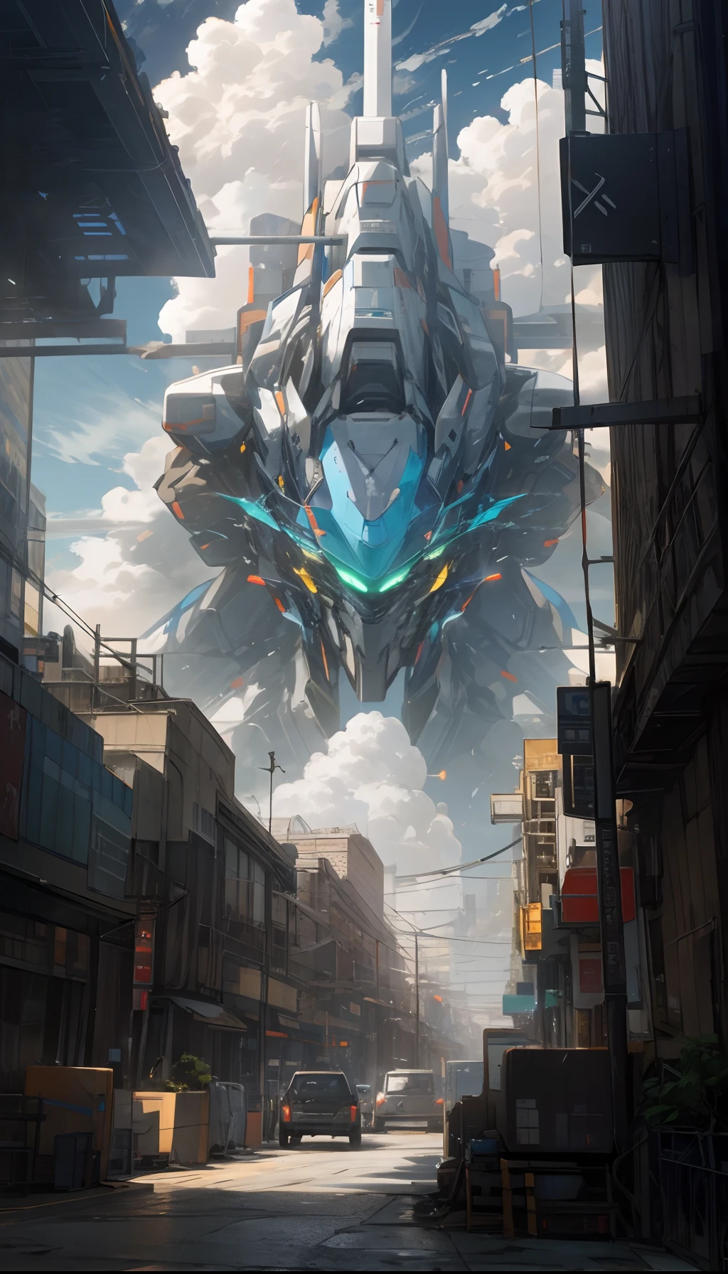 Sky, Clouds, holding_weapon, no_humans, Glow, Robots, Architecture, Science Fiction, Cities, Reality --v6