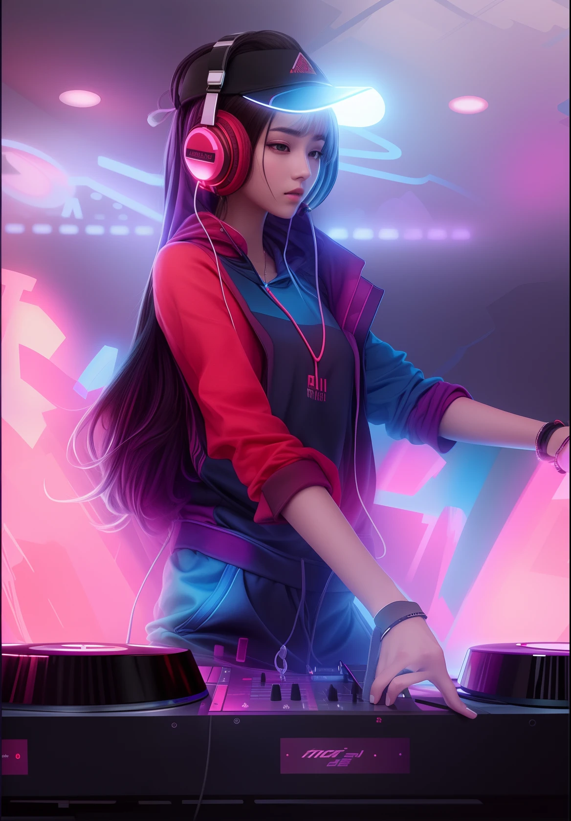 （tmasterpiece，top Quority，best qualtiy，offcial art，Beauty and aesthetics：1.2），The is very detailed，Extremely colorful , many color,hoody,Headphones around your neck， Holding a microphone, ((Red)) baggy eyes,Woman playing DJ in jacket and headphones