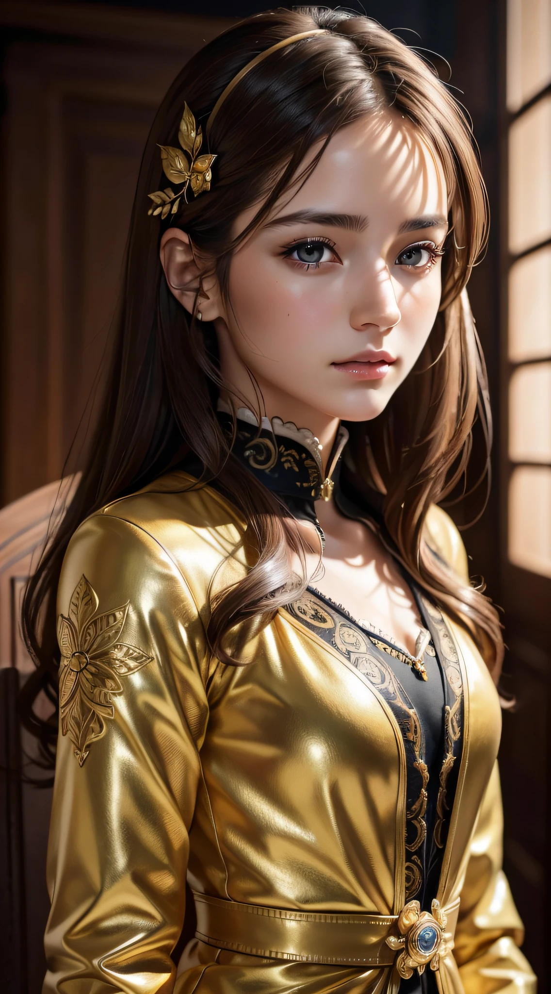 best quality, masterpiece, (realistic:1.2), 1 girl, brown hair, brown eyes, Front, detailed face, beautiful eyes, wear golden suit, best quality, masterpiece, (realistic:1.2), 1 girl, detailed face, beautiful eyes, [(Transparent background:1.5)::5], (((masterpiece))), (((best quality))),(((extremely detailed))), illustration, 1girl, solo, mysterious, multi-color eyes, detailed eyes, hyper detailed, light smile, highly detailed, beautiful, small details, ultra detailed, best quality, intricate, 4k, 8k, trending on art station, good anatomy, beautiful lighting,