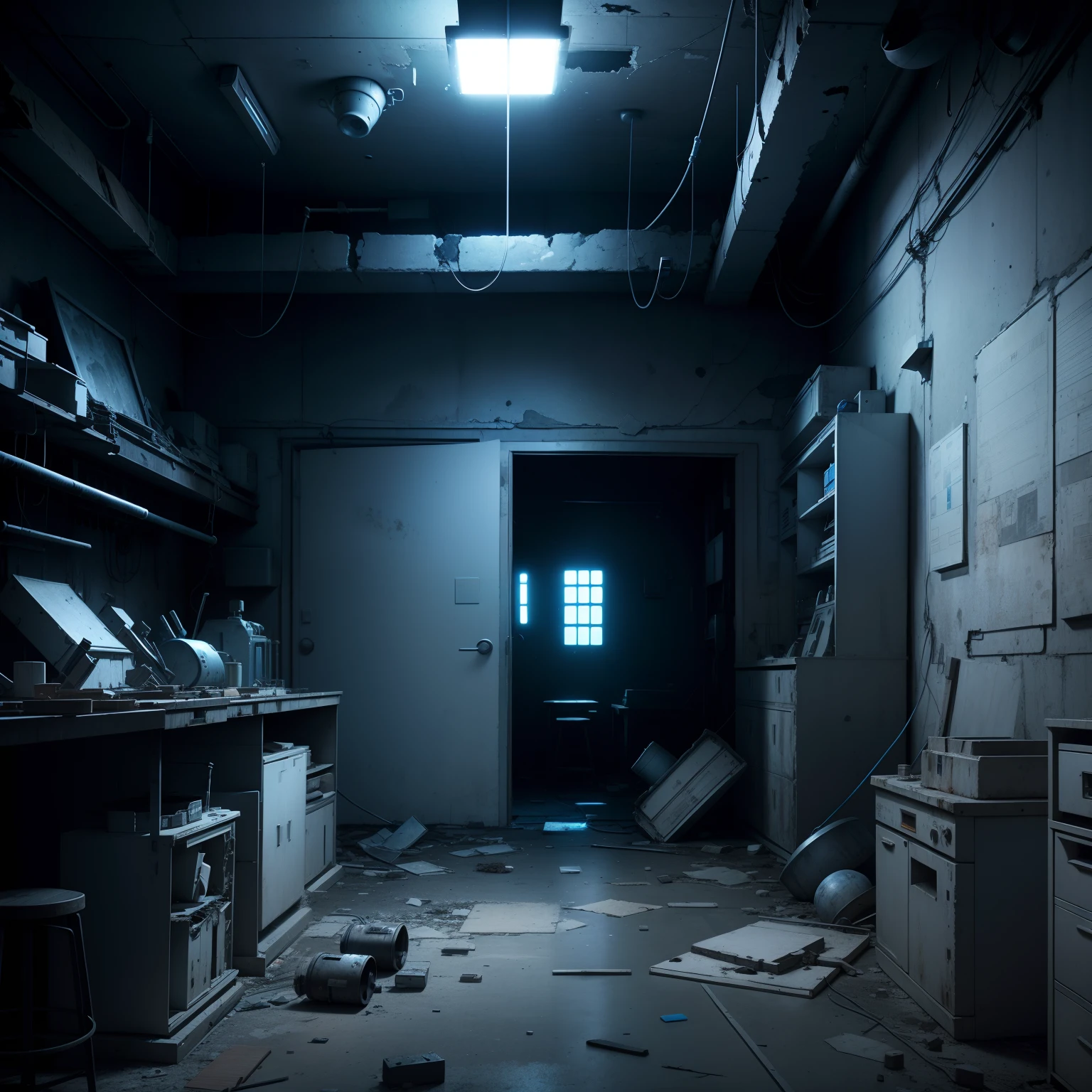 laboratory, Wrecked, At night, Upper cable, Closed places, blue tone, cinematographic lights, hard disk, 3d realistic, movie, Spring eyefish