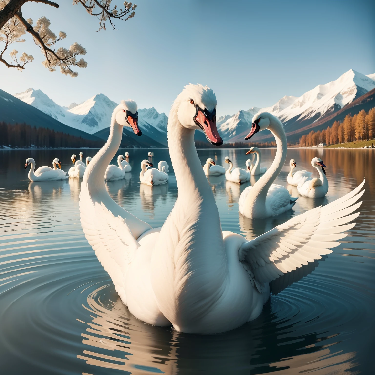 There is a larger swan, in the middle of a group of swans, in the middle of the lake, spring season