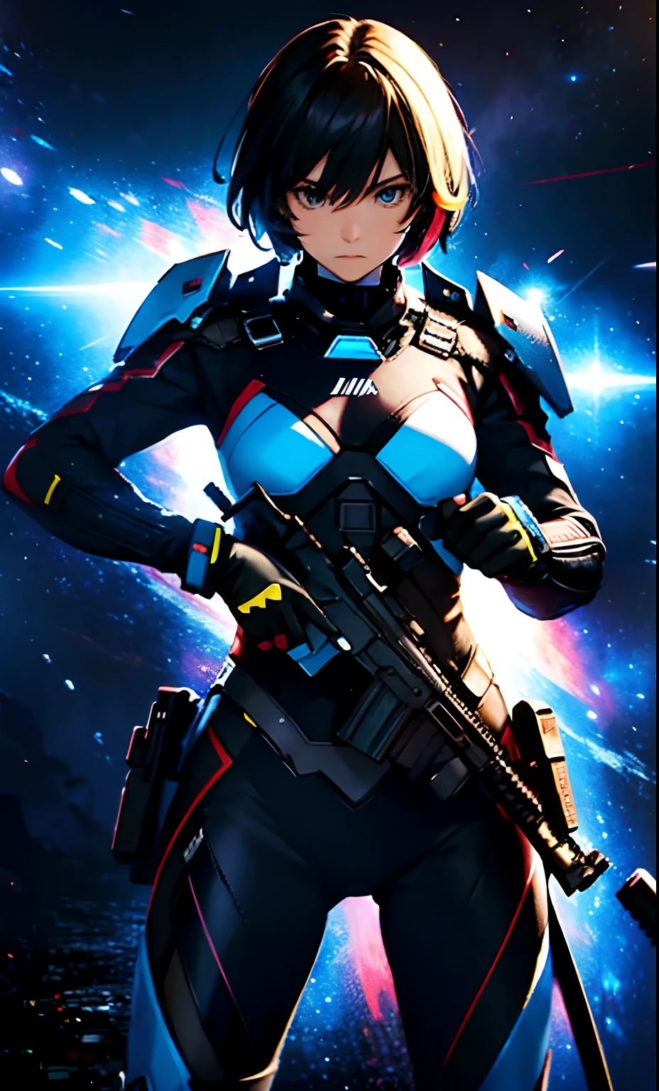 best qualityer，tmasterpiece，Ultimate resolution，downy，Extremely colorful，Colorful，Women combatants，a matural male, boy solo, holding gun，Tight combat suit，tightsuit，cosmic background，the night，Normal posture，Normal posture