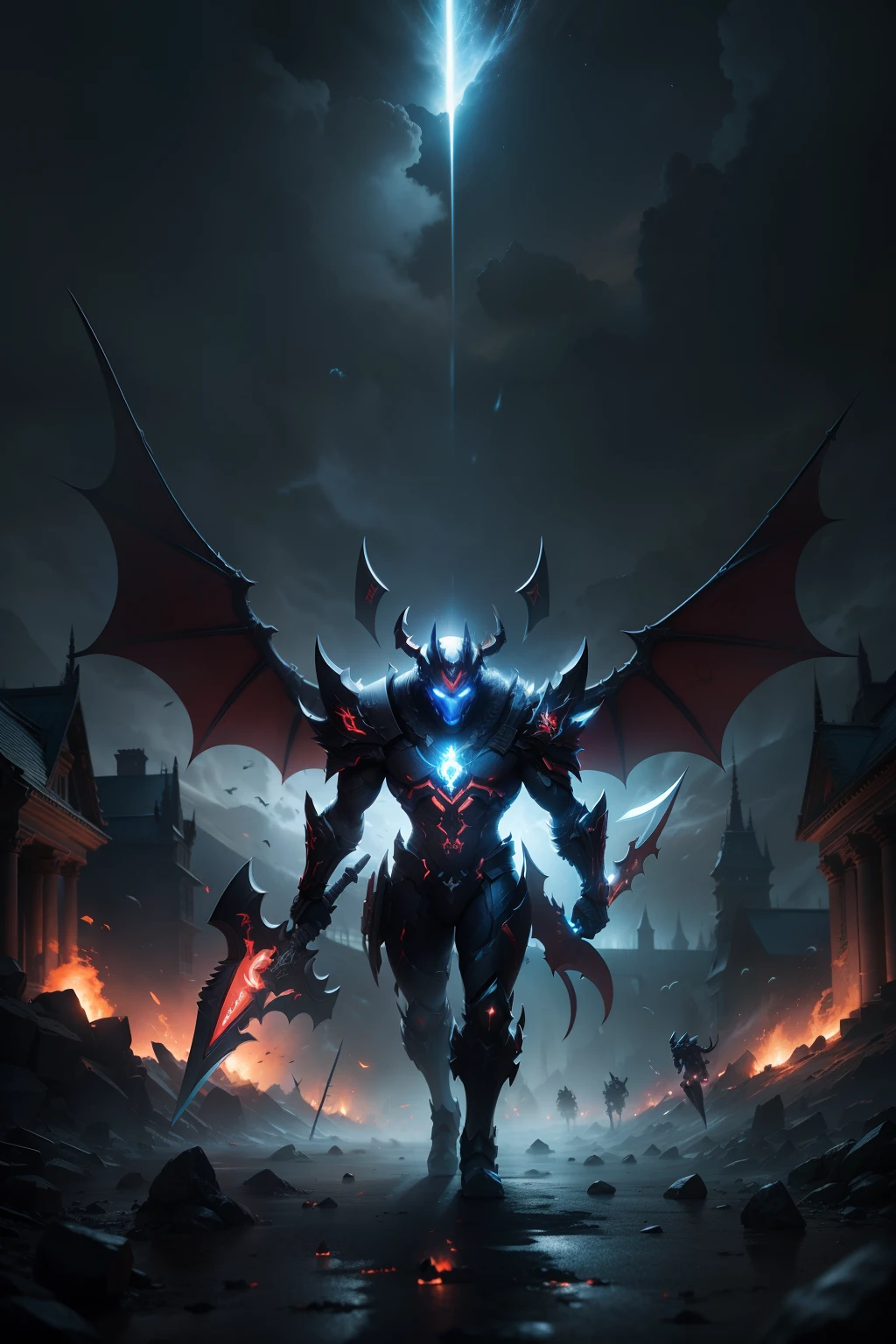MSI TITAN GT77 Laptop with The AXE DOTA2 HERO and Bats Flying at Night Sky, Devils, Orgre, Demon, Photo Manipulation, Masterpiece, Good Lighting Effect, Mid Journey Style, 5D Render, 5D Rendering Quality, 4K.